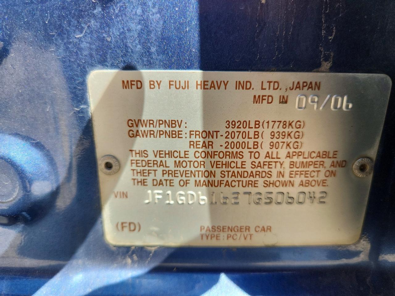 2007 Subaru Impreza 2.5i Blue vin: JF1GD61627G506042