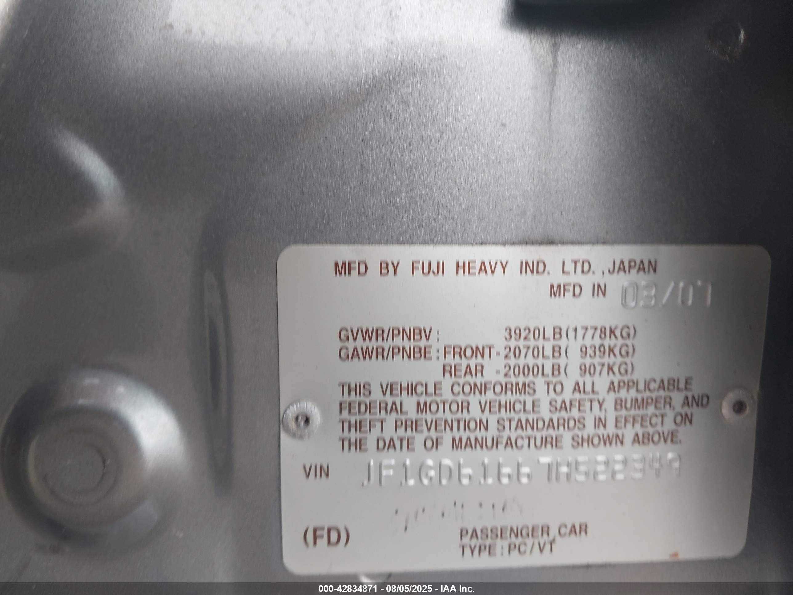 2007 Subaru Impreza 2.5i Silver vin: JF1GD61667H522349