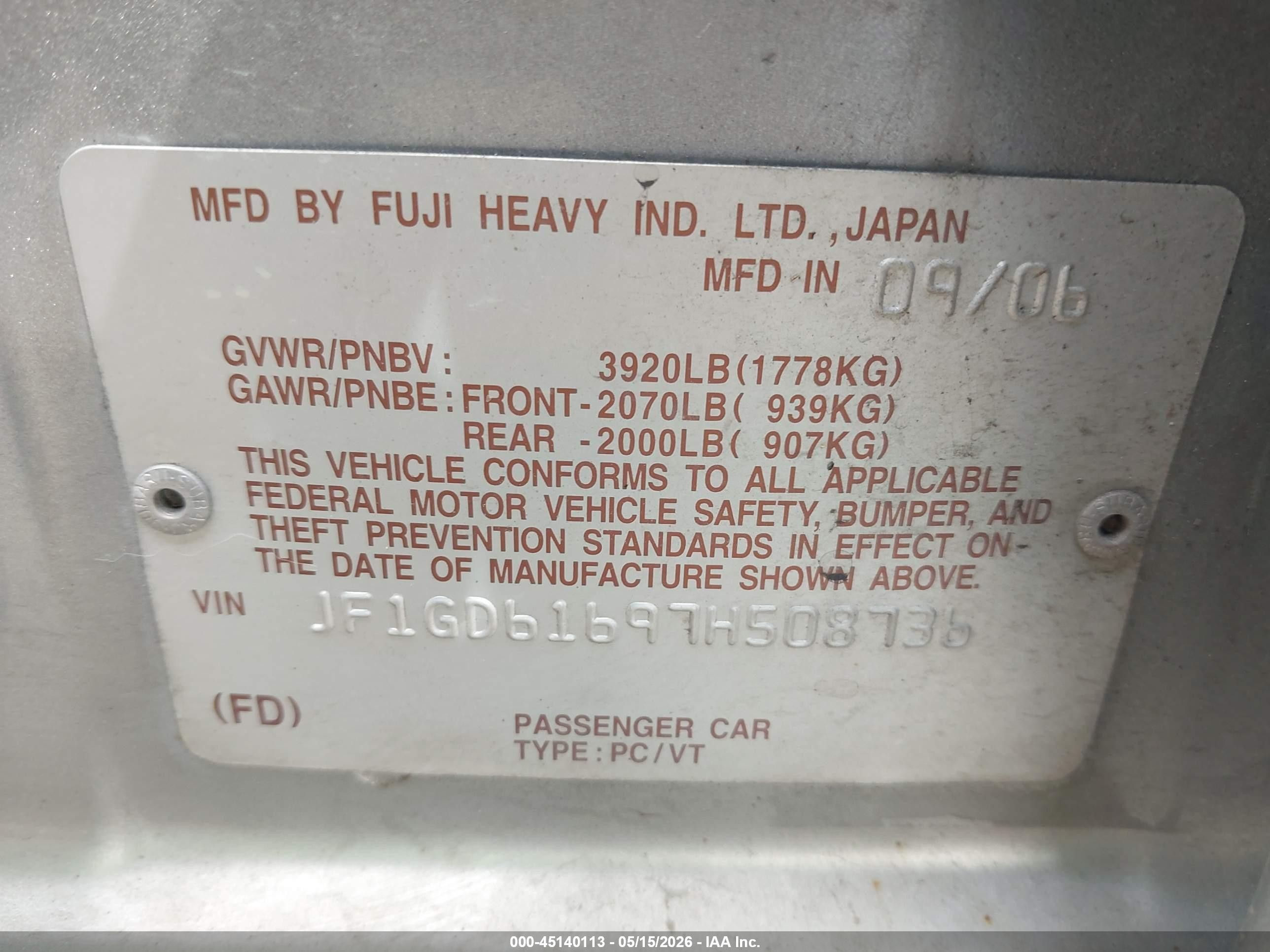 2007 Subaru Impreza 2.5i Silver vin: JF1GD61697H508736