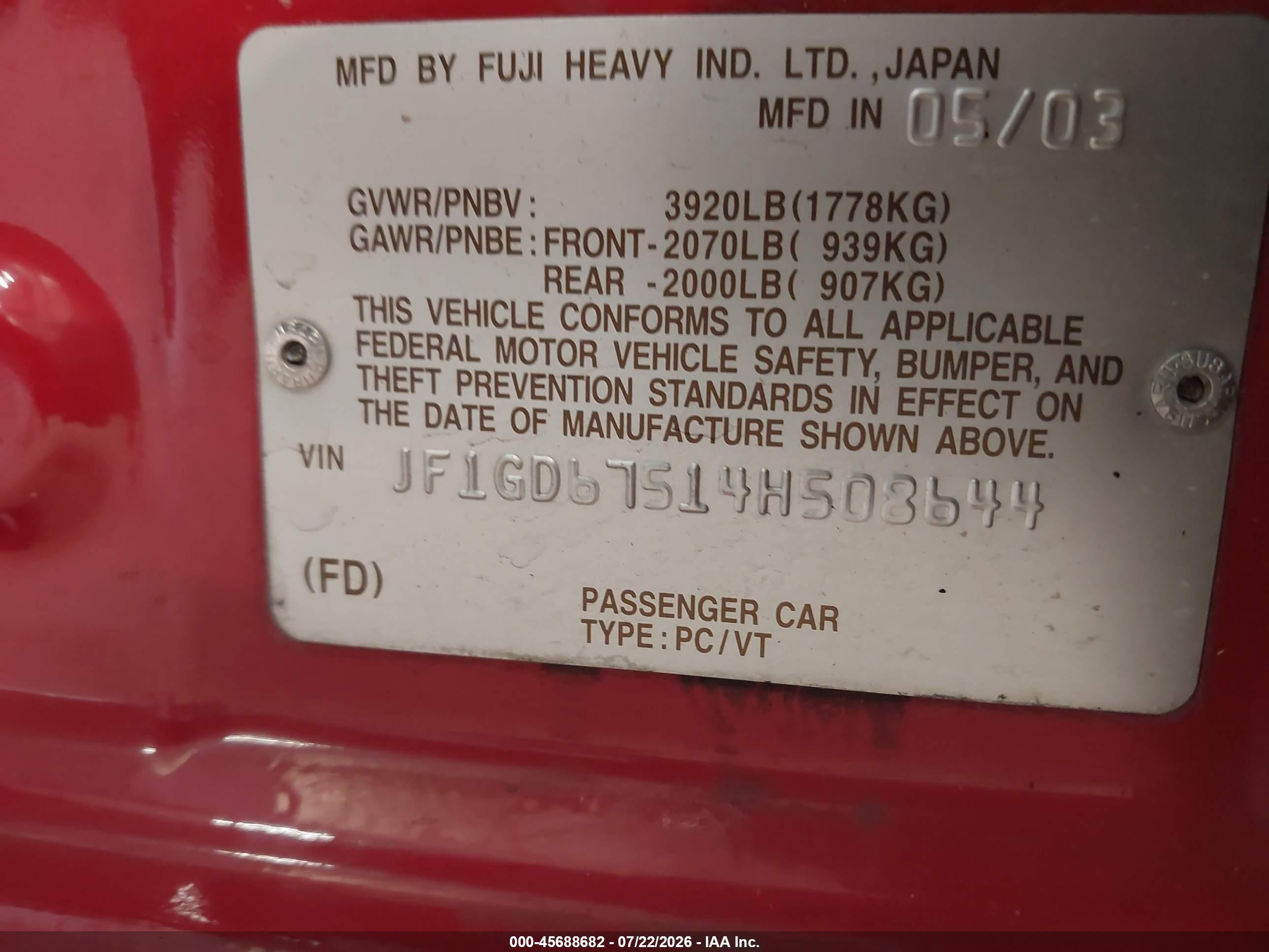 2004 Subaru Impreza 2.5rs Red vin: JF1GD67514H508644