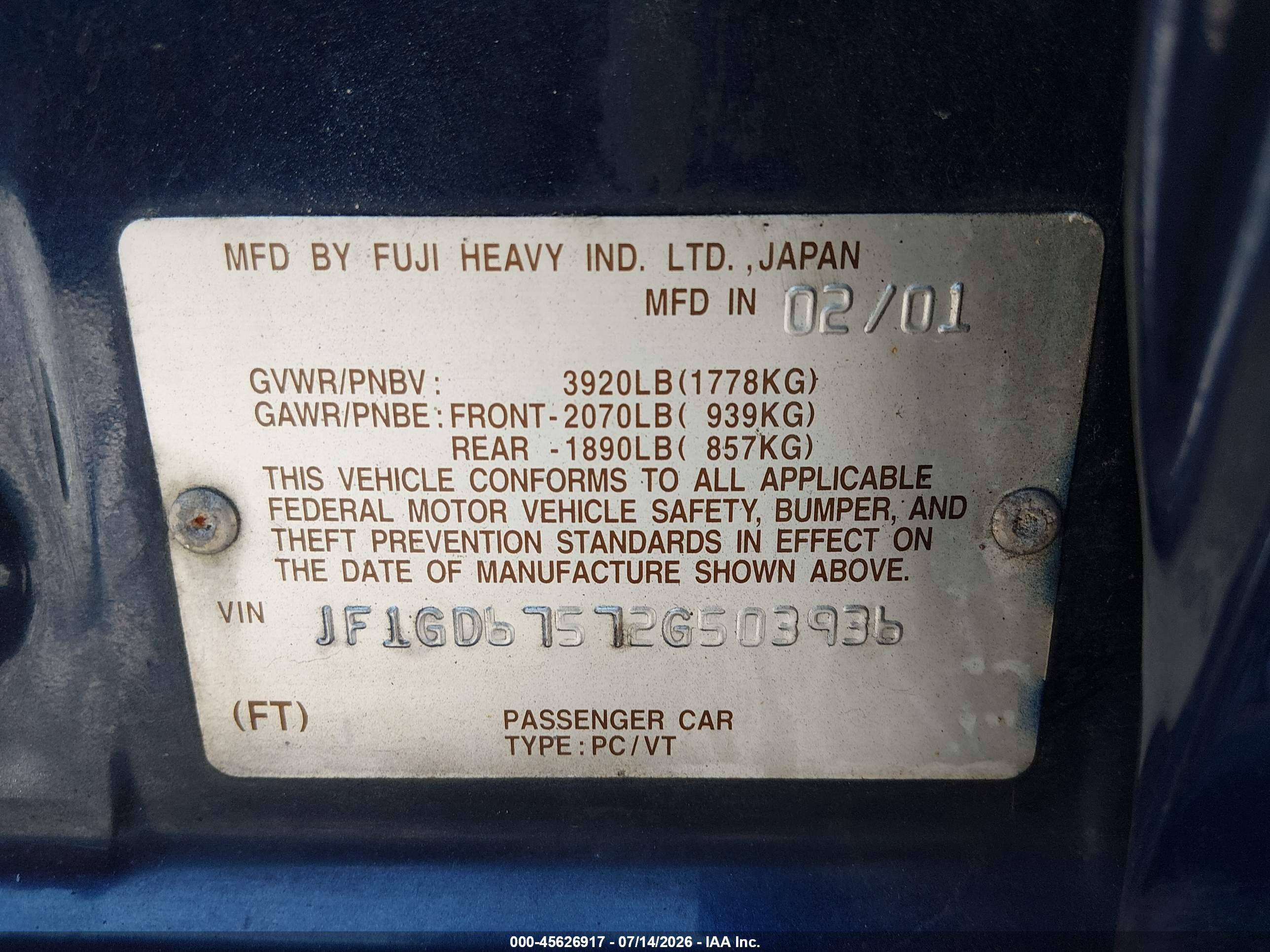 2002 Subaru Impreza 2.5rs Blue vin: JF1GD67572G503936