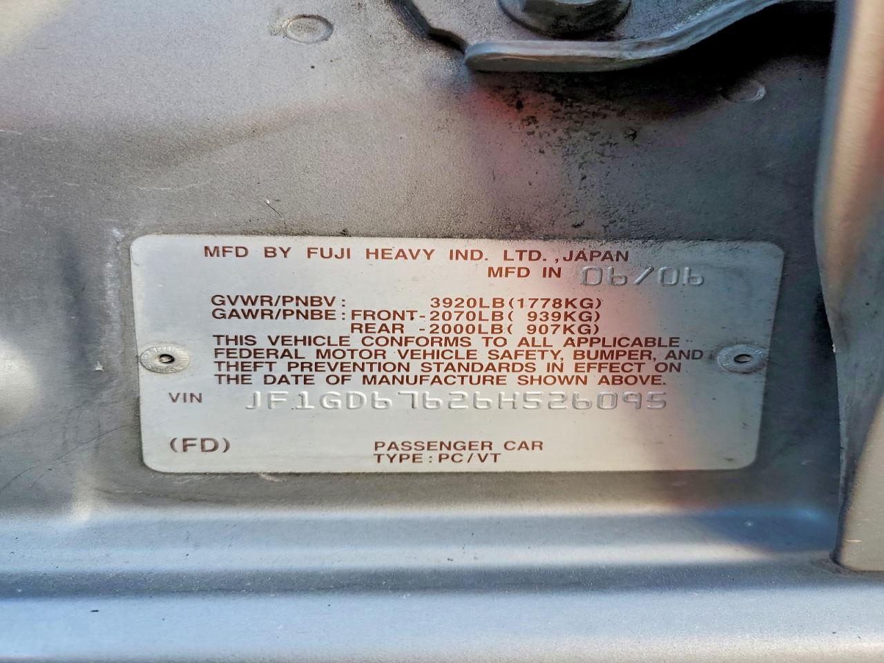 2006 Subaru Impreza 2.5i Silver vin: JF1GD67626H526095
