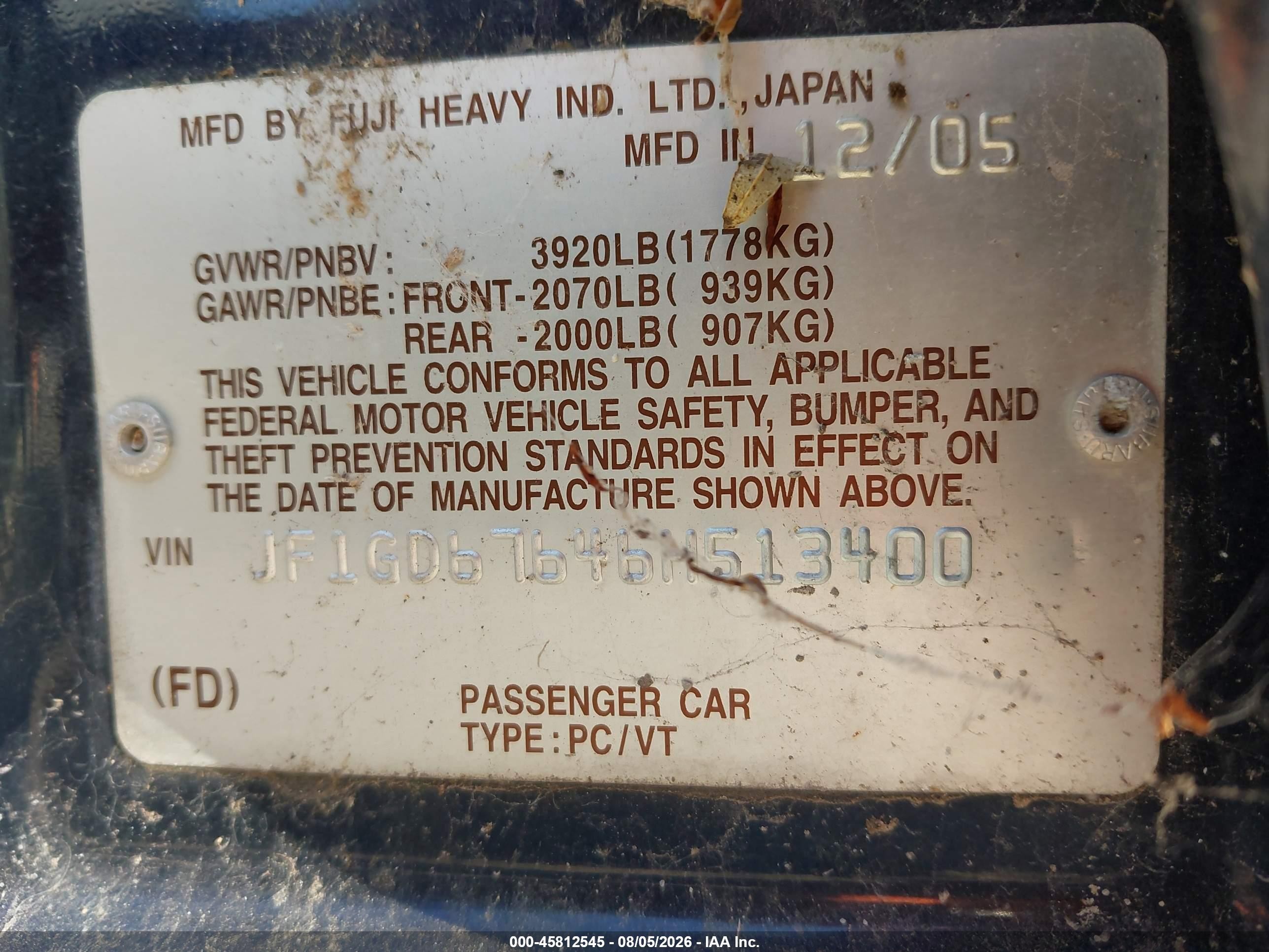 2006 Subaru Impreza 2.5i Blue vin: JF1GD67646H513400