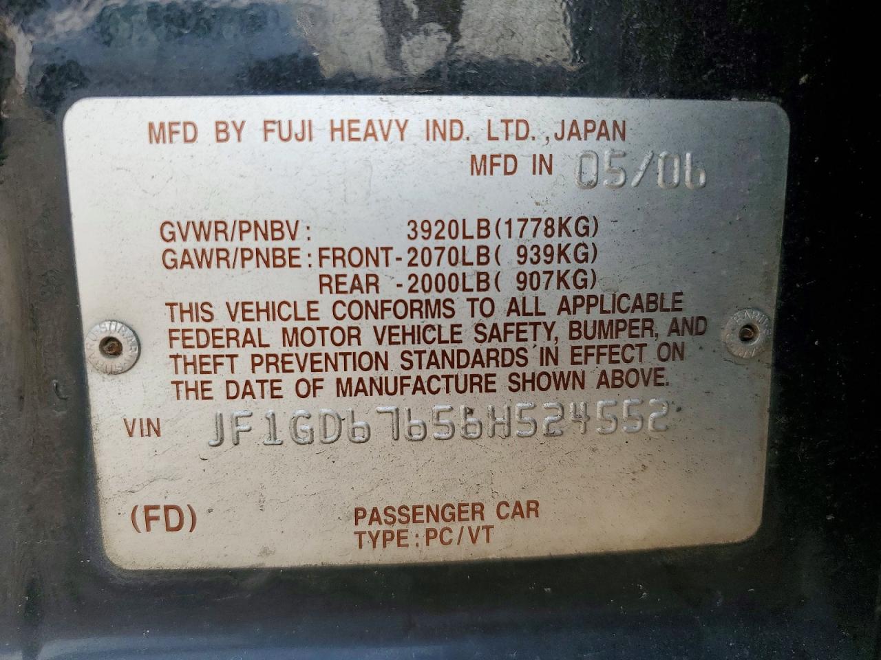 2006 Subaru Impreza 2.5i Black vin: JF1GD67656H524552