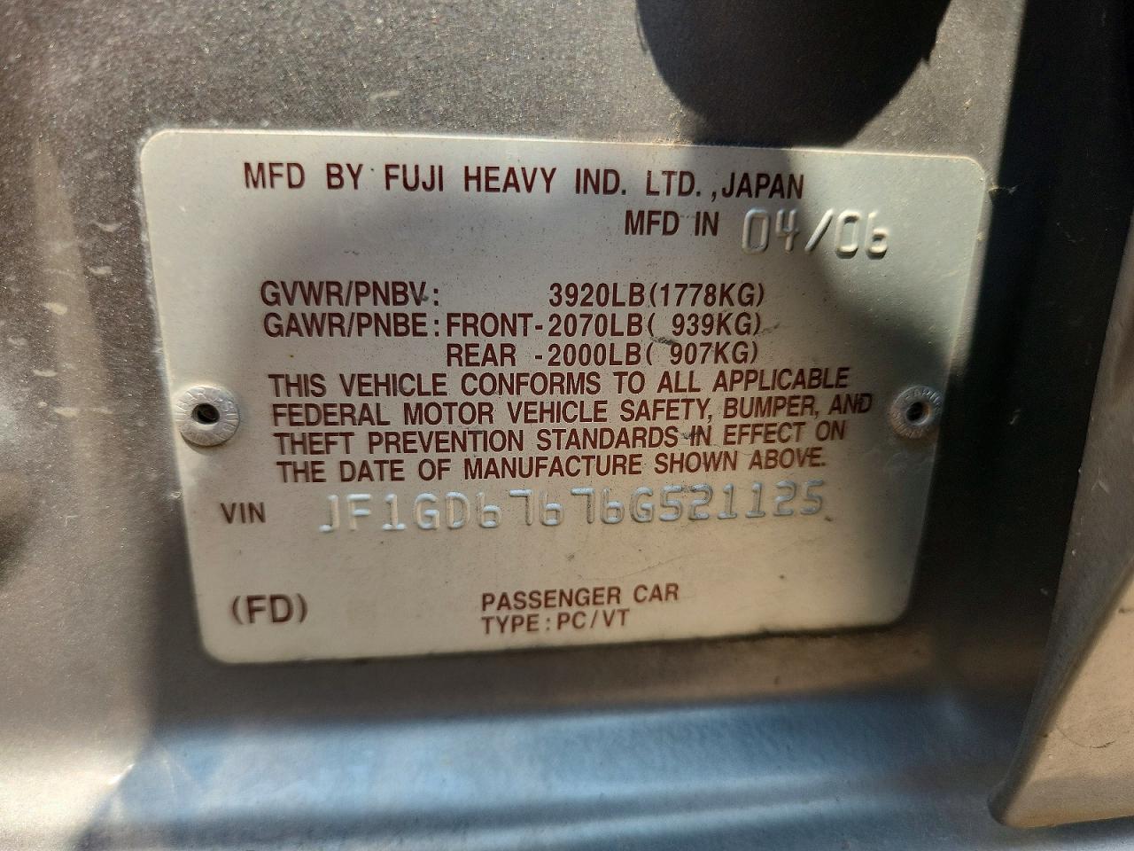 2006 Subaru Impreza 2.5i Silver vin: JF1GD67676G521125