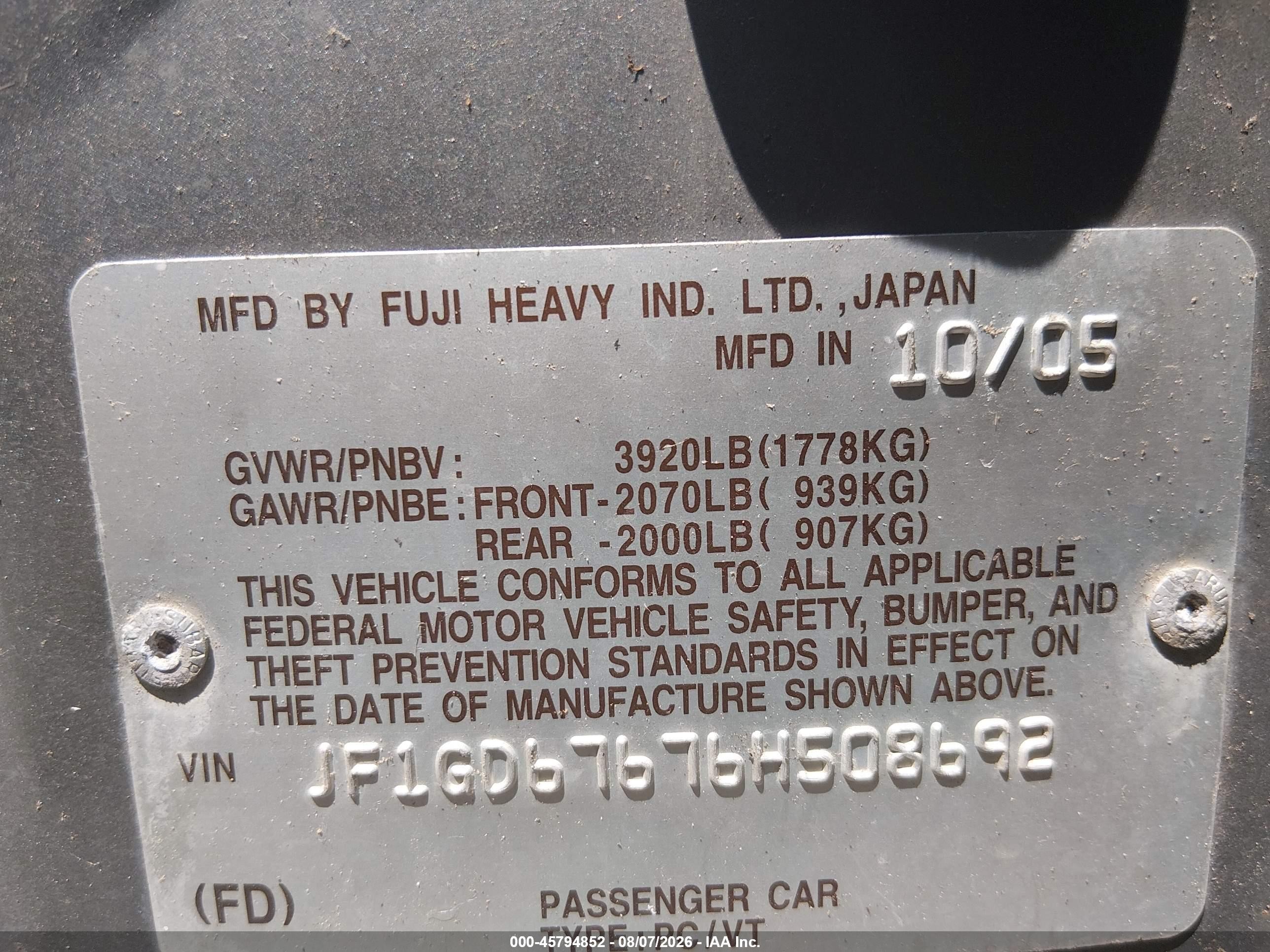 2006 Subaru Impreza 2.5i Silver vin: JF1GD67676H508692