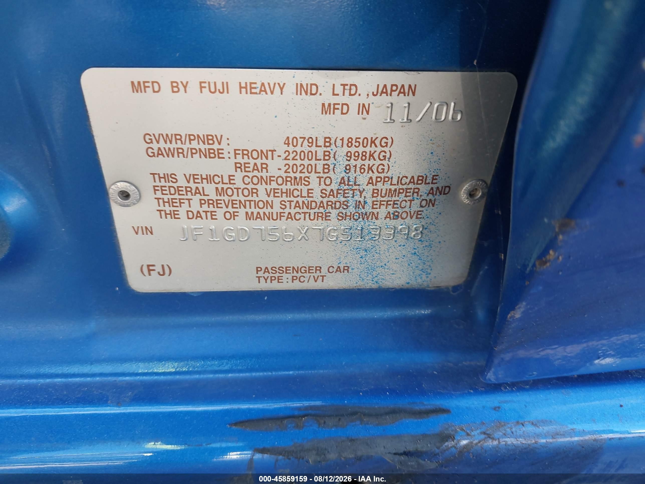 2007 Subaru Impreza Wrx Tr Blue vin: JF1GD756X7G513398