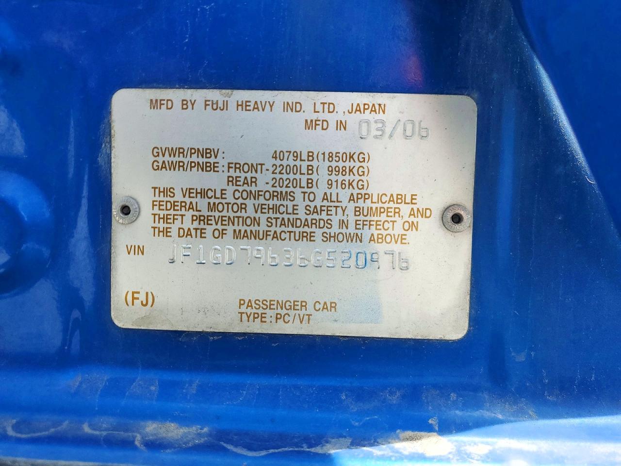 2006 Subaru Impreza Wrx Blue vin: JF1GD79636G520976