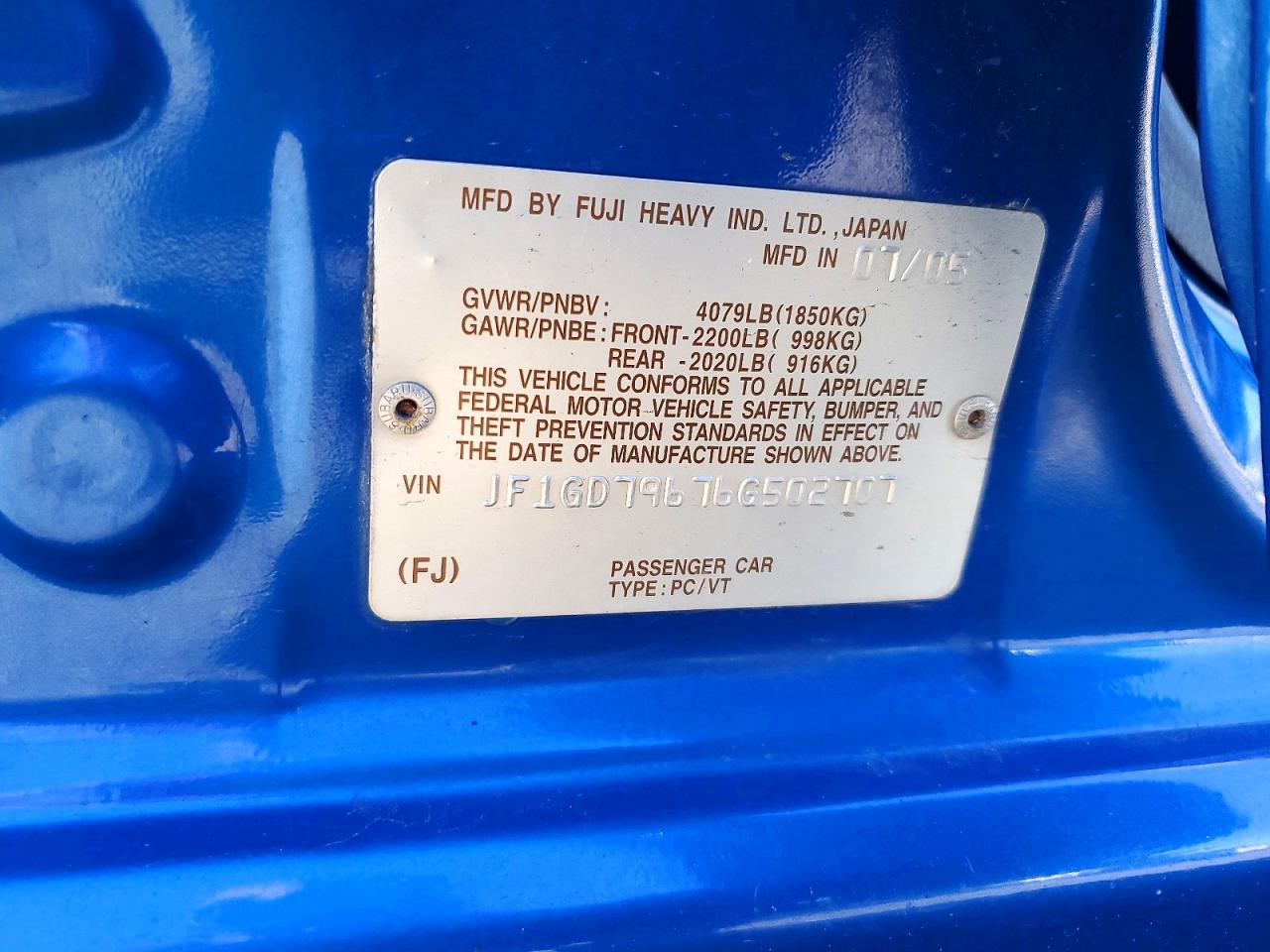 2006 Subaru Impreza Wrx Blue vin: JF1GD79676G502707