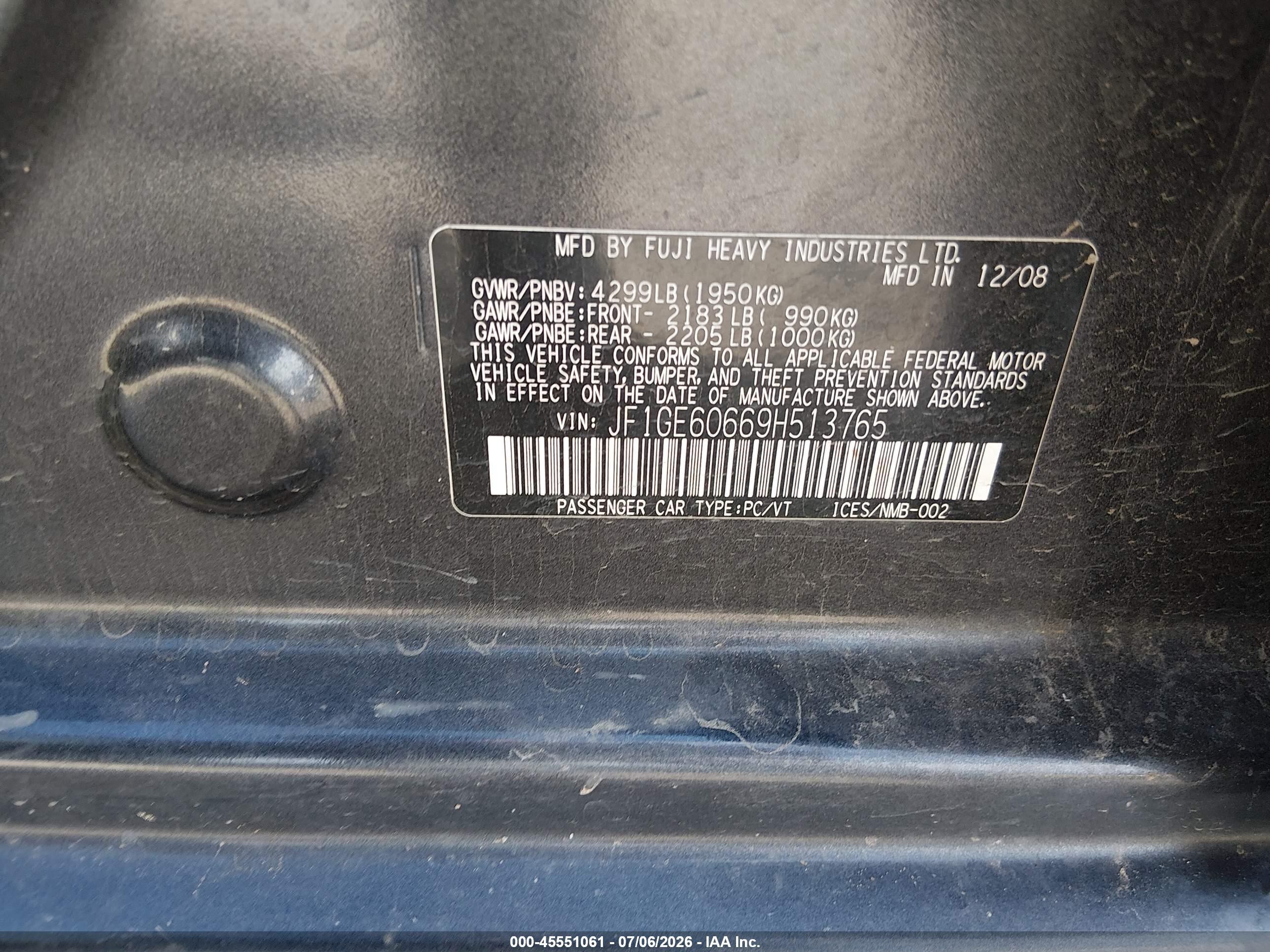 2009 Subaru Impreza 2.5i Черный vin: JF1GE60669H513765