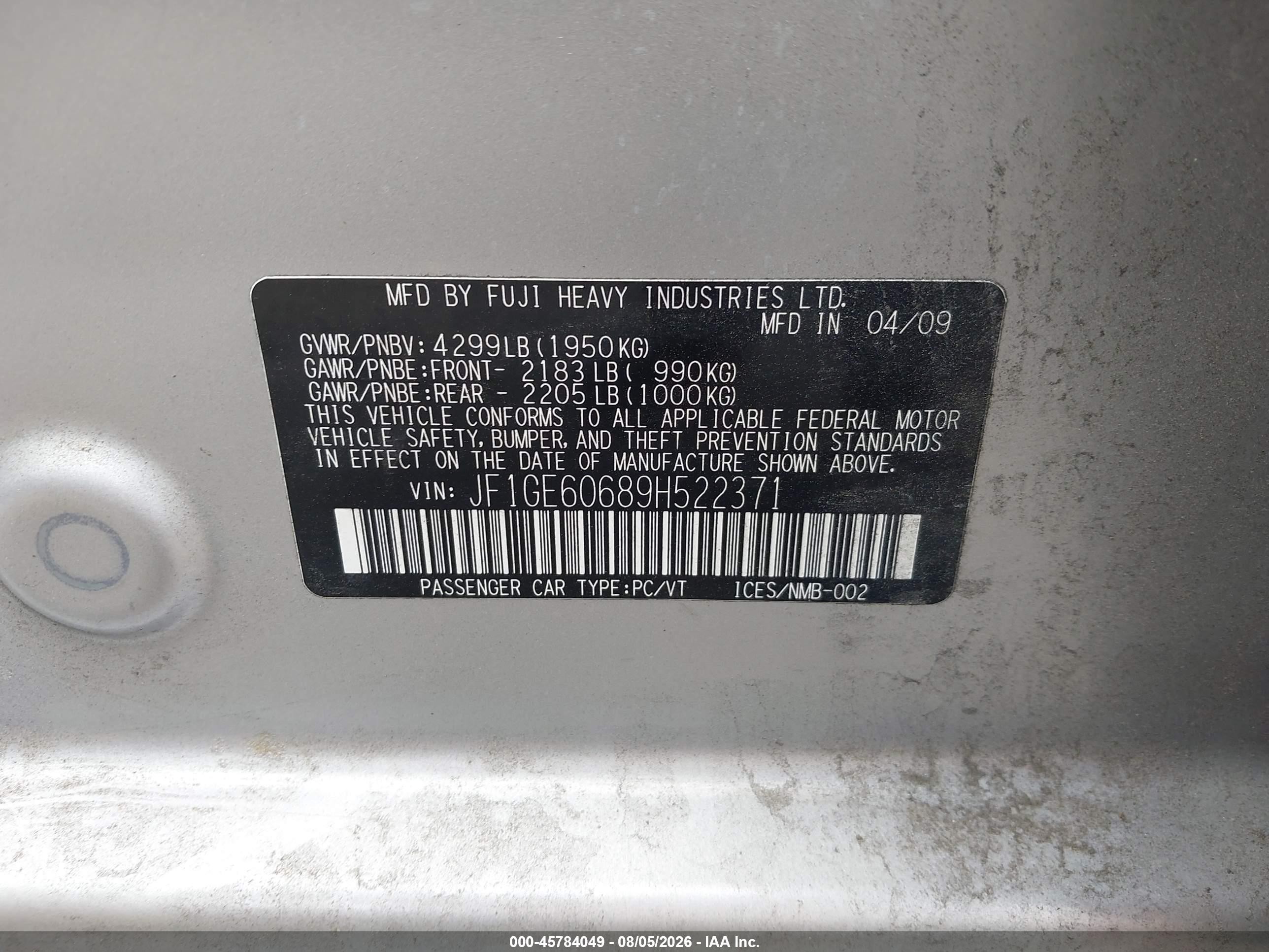 2009 Subaru Impreza 2.5i Silver vin: JF1GE60689H522371