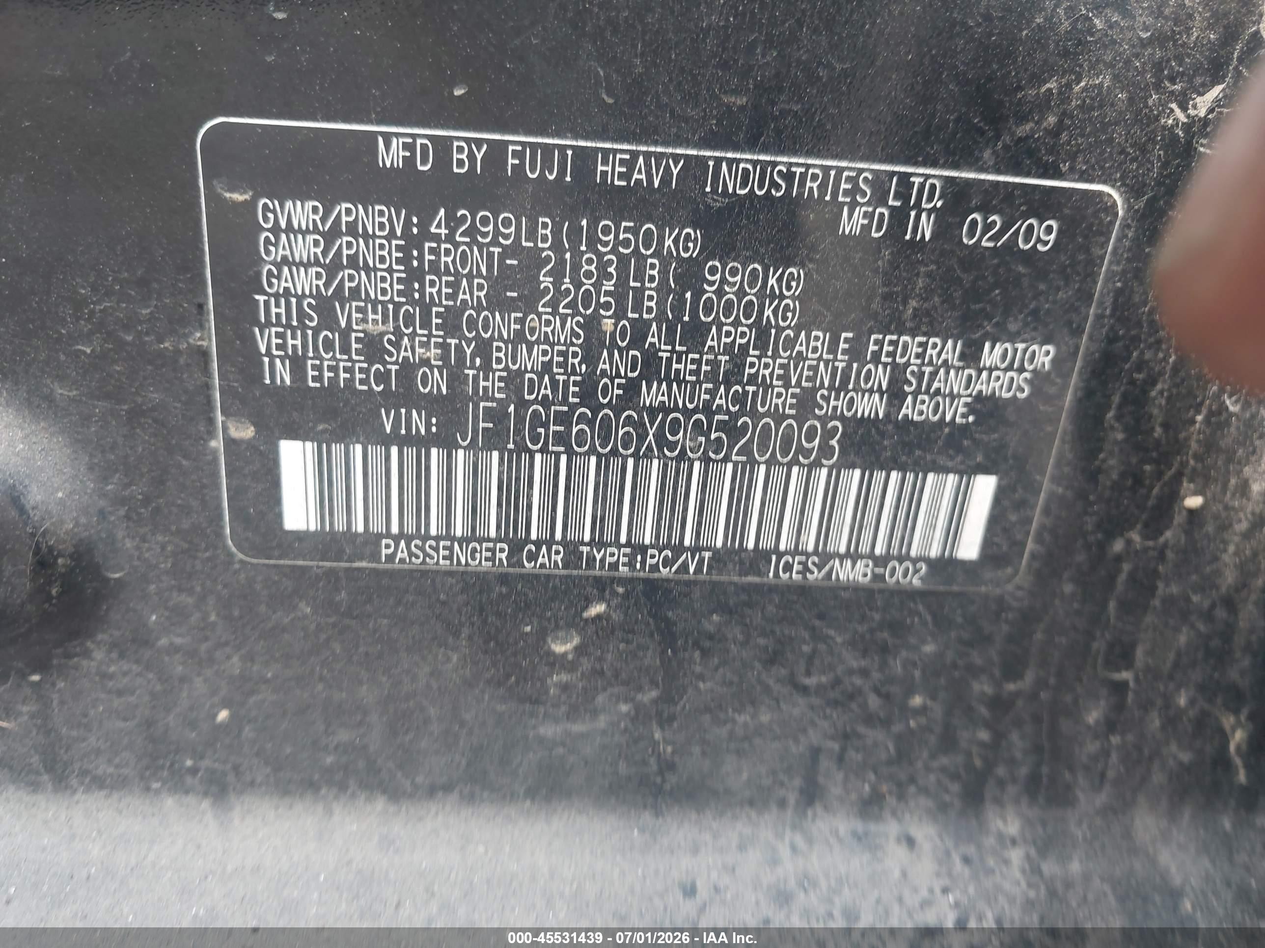 2009 Subaru Impreza 2.5i Black vin: JF1GE606X9G520093
