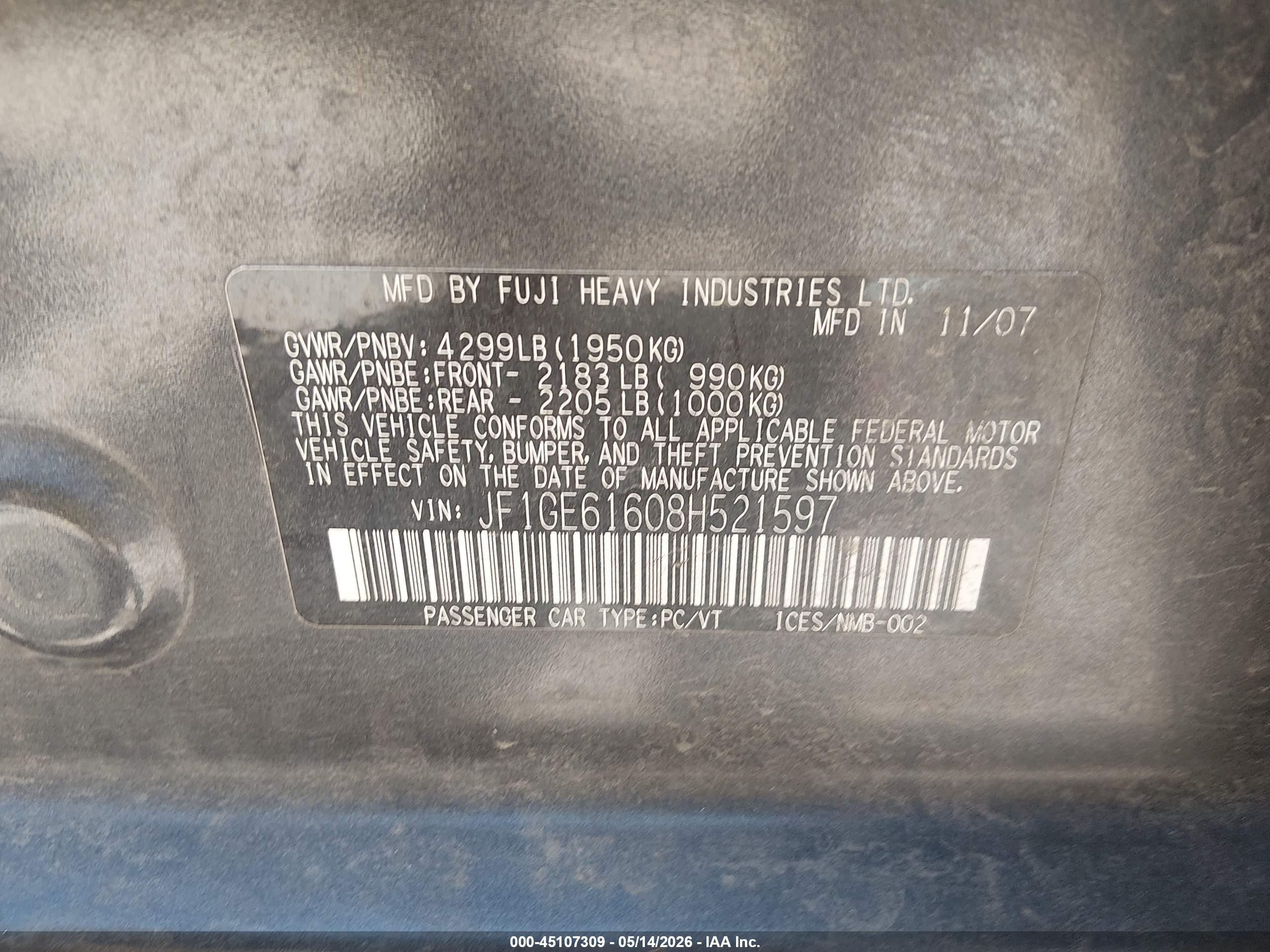 2008 Subaru Impreza  (natl) I/i W/premium Pkg/i W/sat/nav Black vin: JF1GE61608H521597