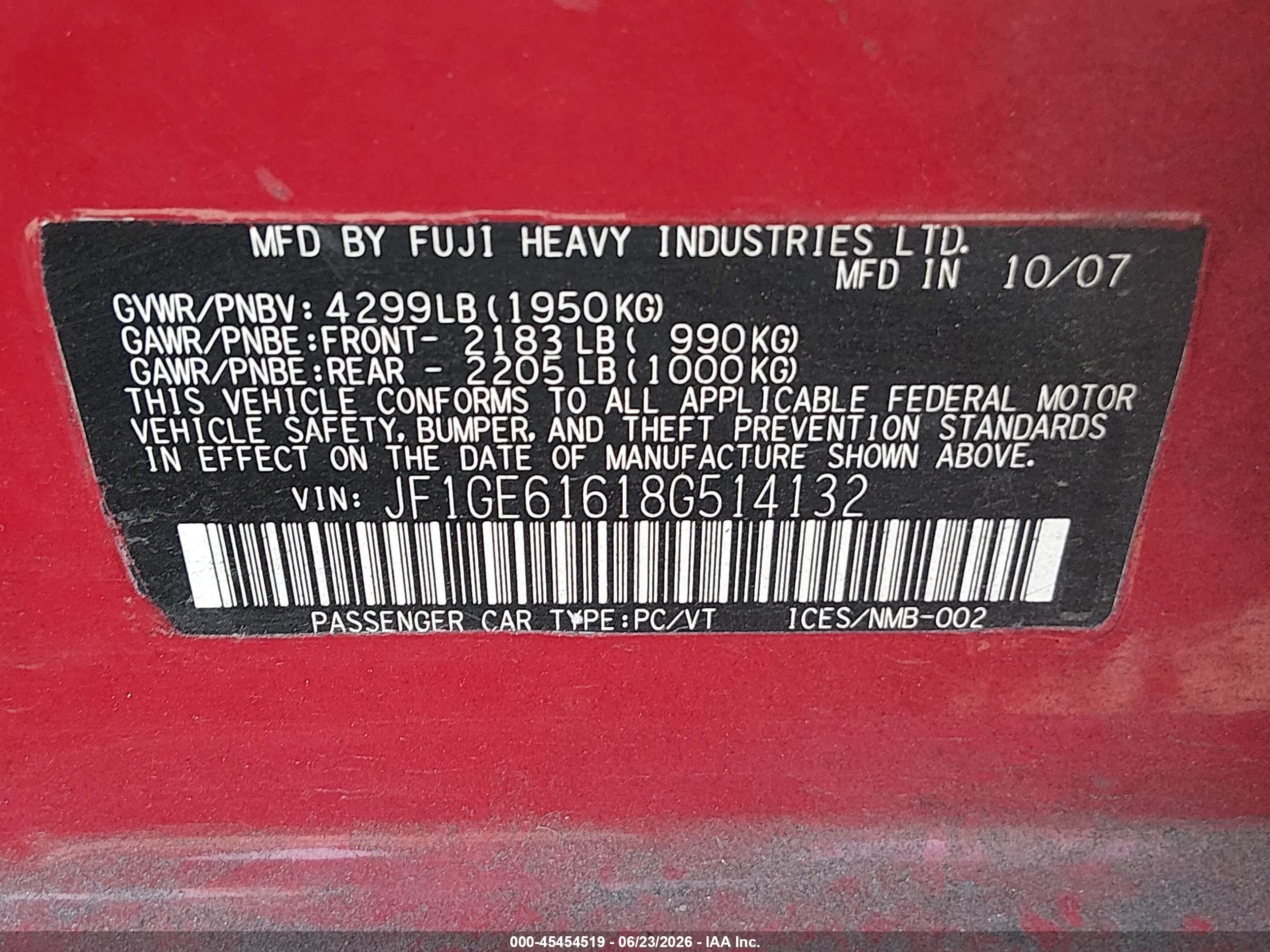 2008 Subaru Impreza  (natl) I Red vin: JF1GE61618G514132