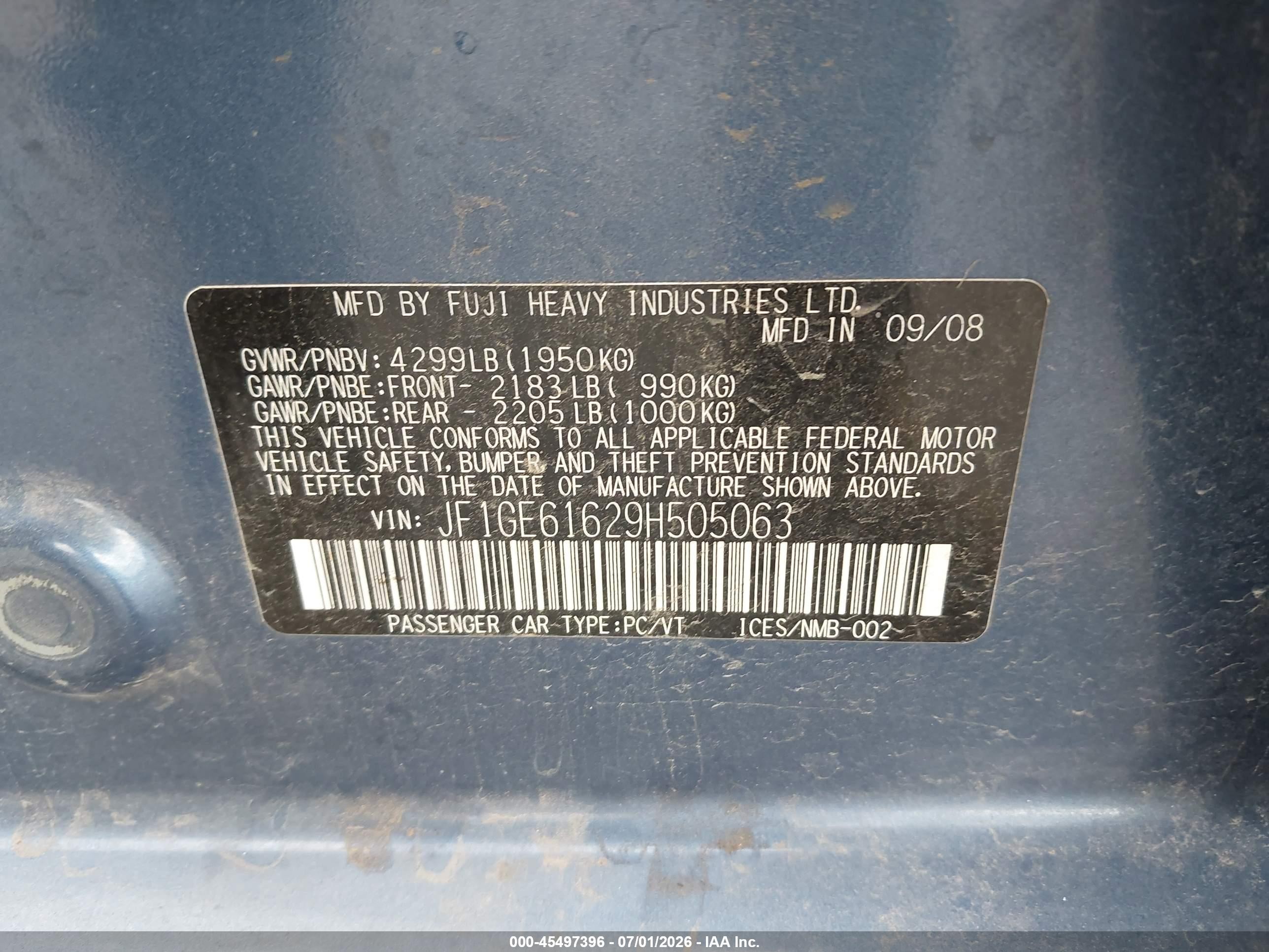 2009 Subaru Impreza 2.5i Blue vin: JF1GE61629H505063