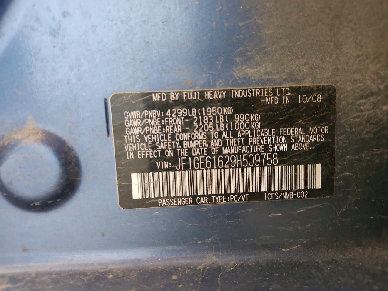 2009 Subaru Impreza 2.5i Blue vin: JF1GE61629H509758