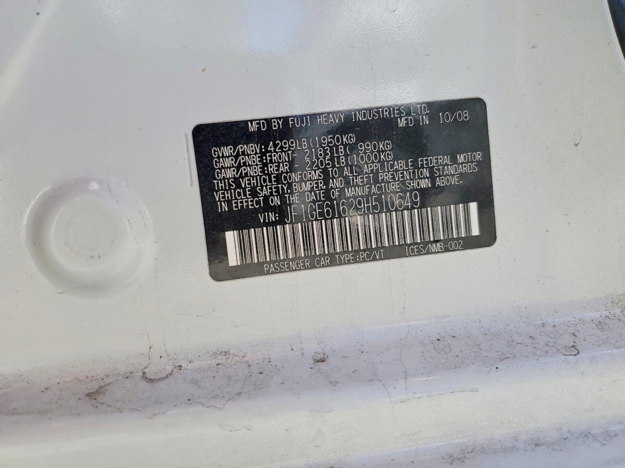 2009 Subaru Impreza 2.5i White vin: JF1GE61629H510649