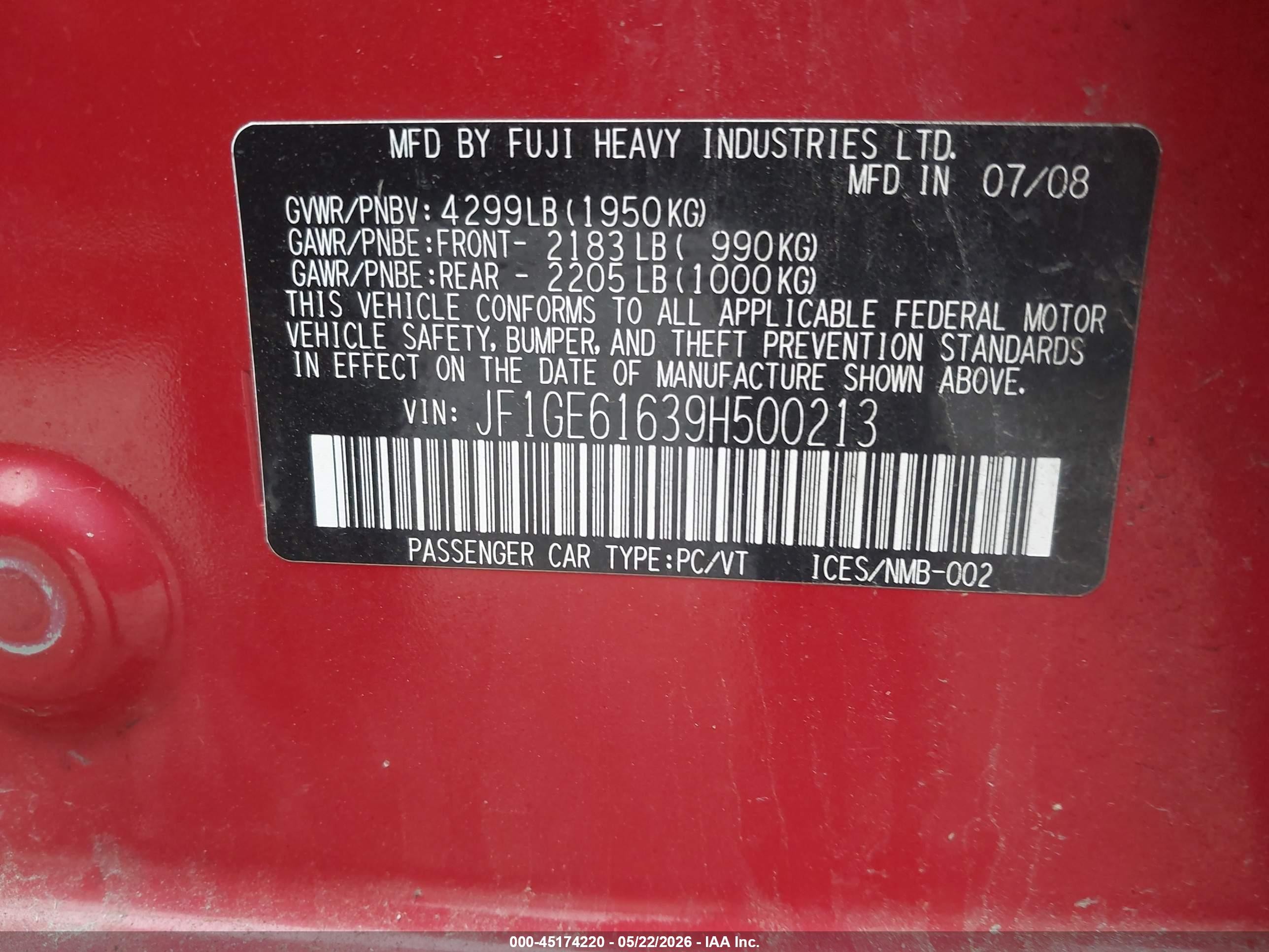 2009 Subaru Impreza 2.5i Red vin: JF1GE61639H500213