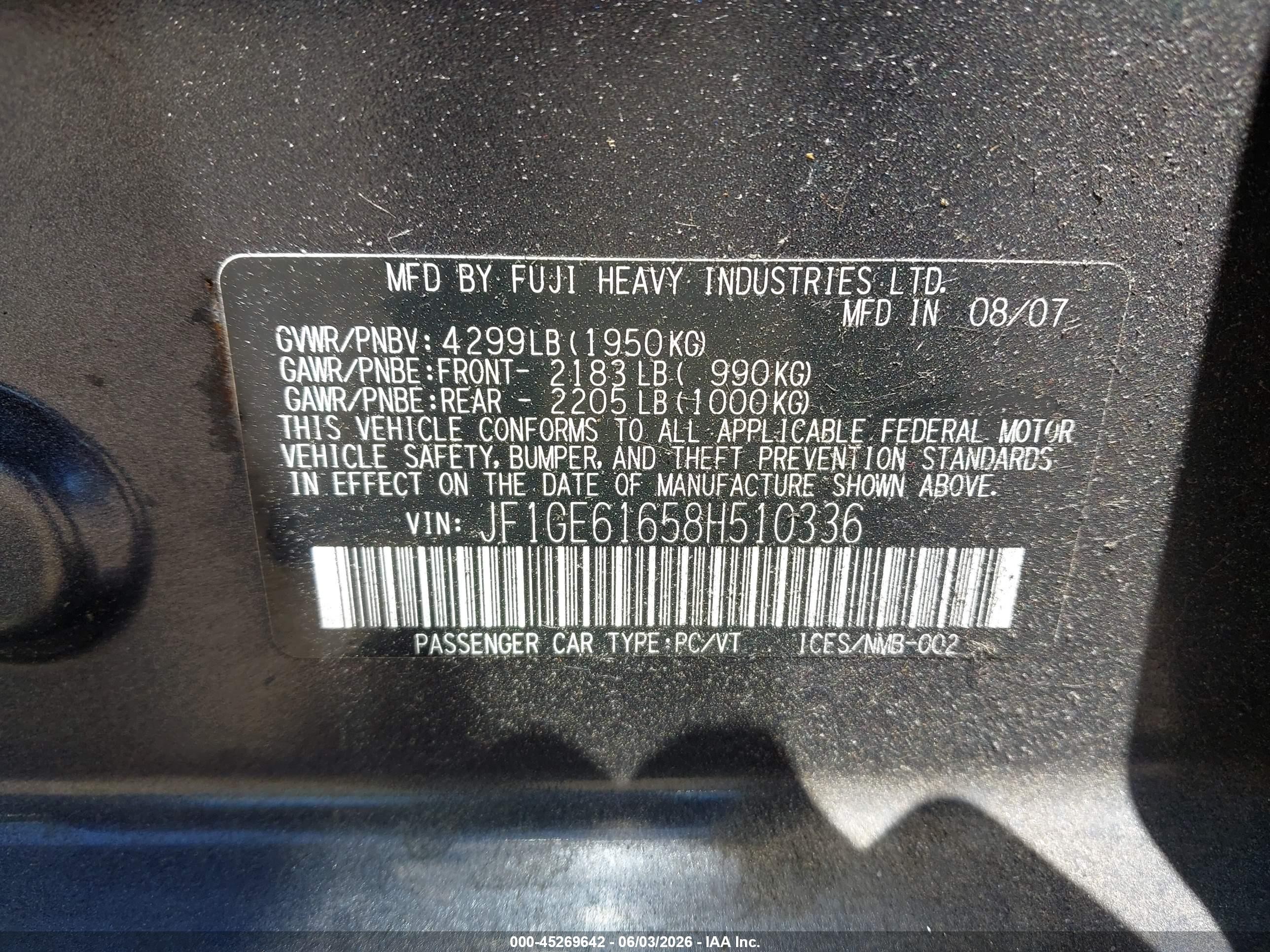 2008 Subaru Impreza  (natl) I W/premium Pkg Black vin: JF1GE61658H510336