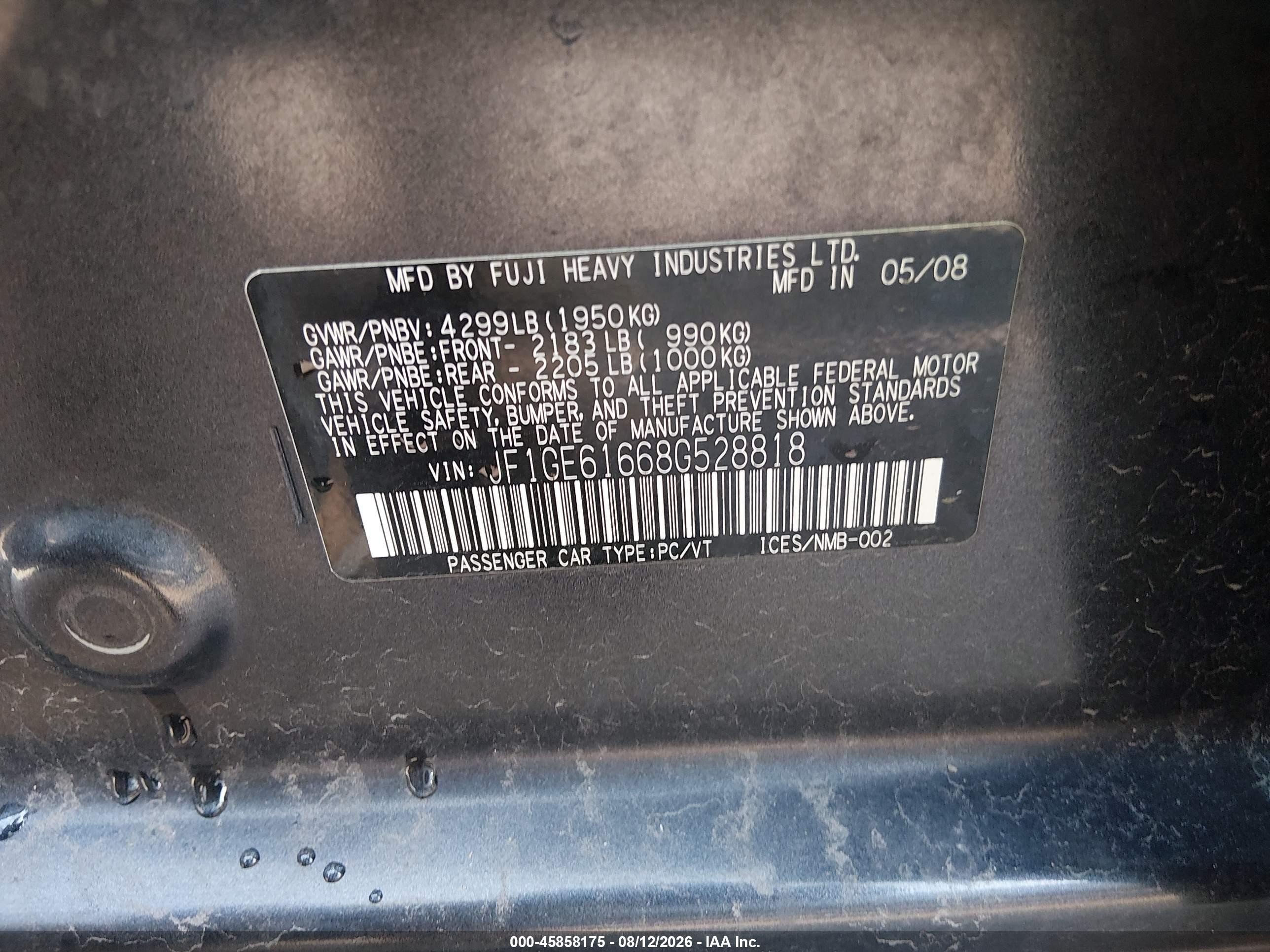 2008 Subaru Impreza 2.5i Gray vin: JF1GE61668G528818
