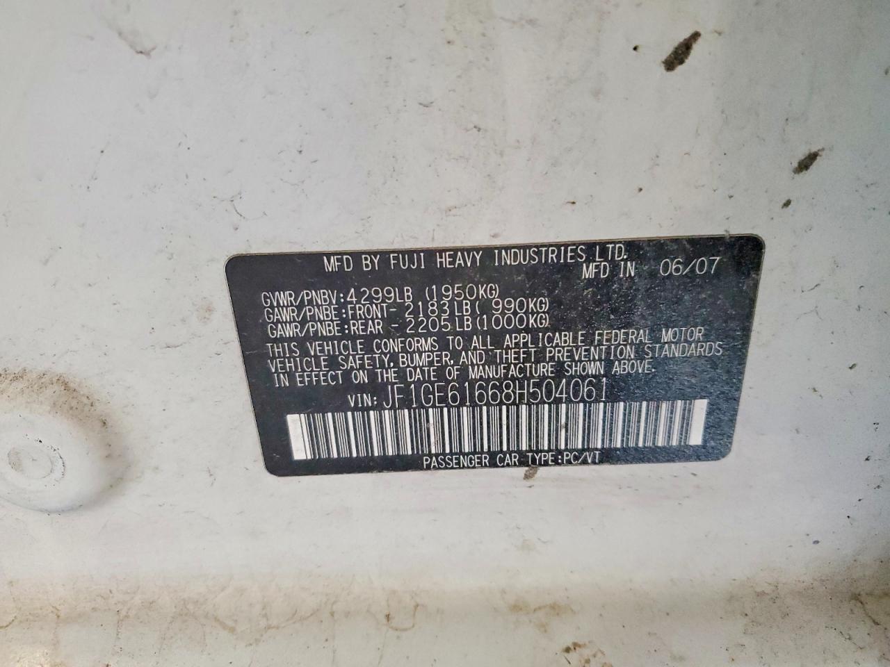 2008 Subaru Impreza 2.5i White vin: JF1GE61668H504061