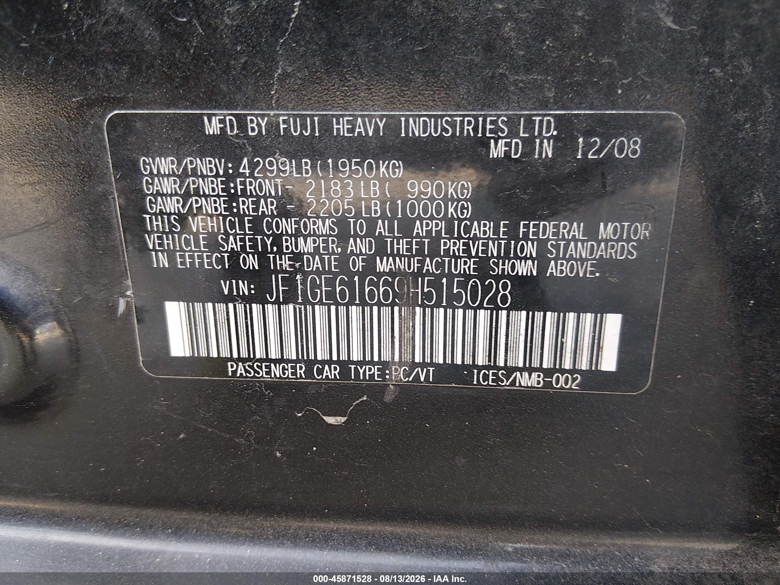 2009 Subaru Impreza 2.5i Black vin: JF1GE61669H515028