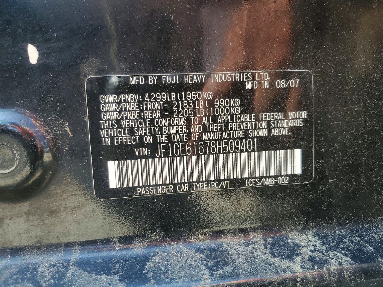2008 Subaru Impreza 2.5i Black vin: JF1GE61678H509401