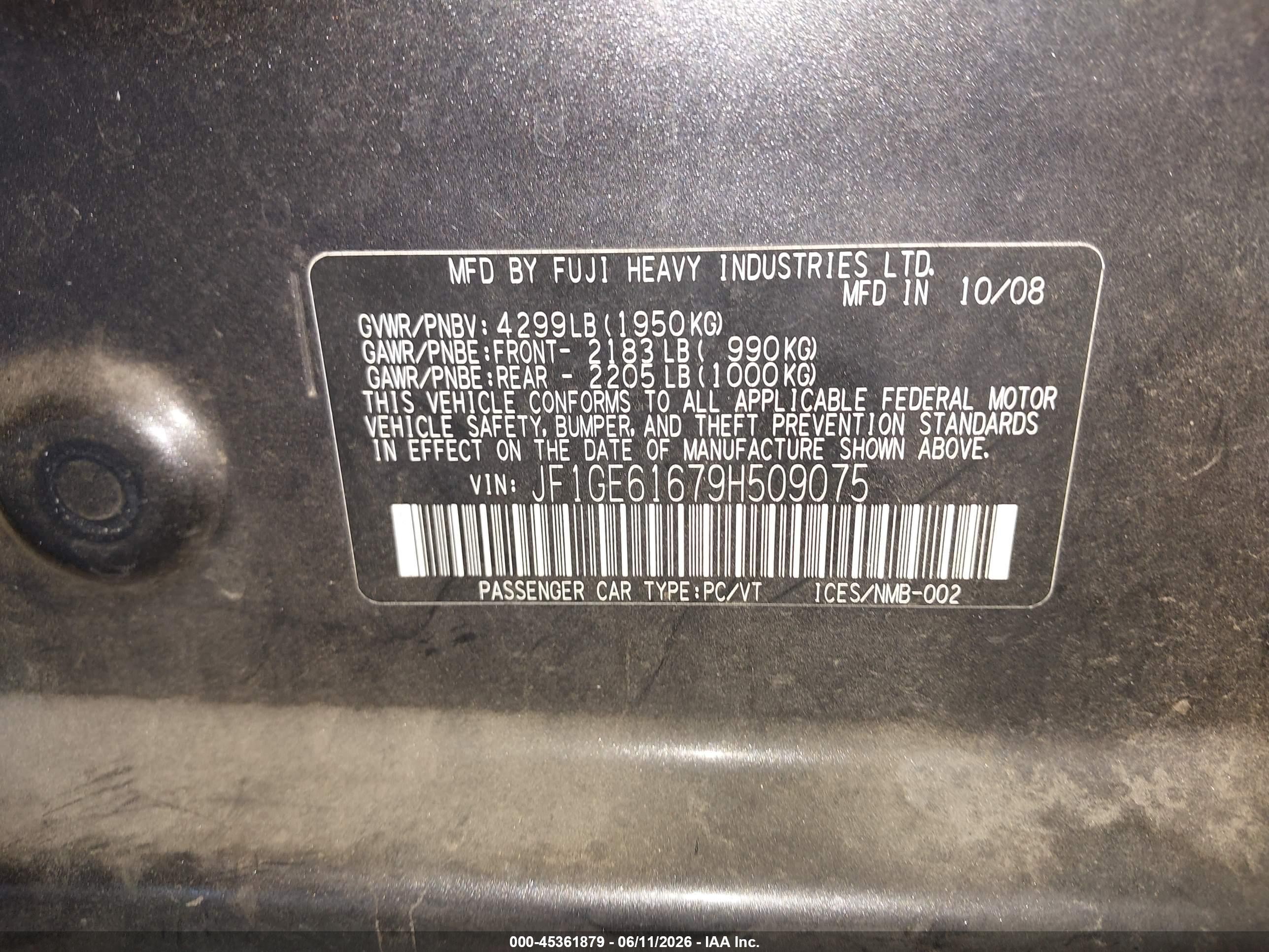 2009 Subaru Impreza 2.5i Black vin: JF1GE61679H509075