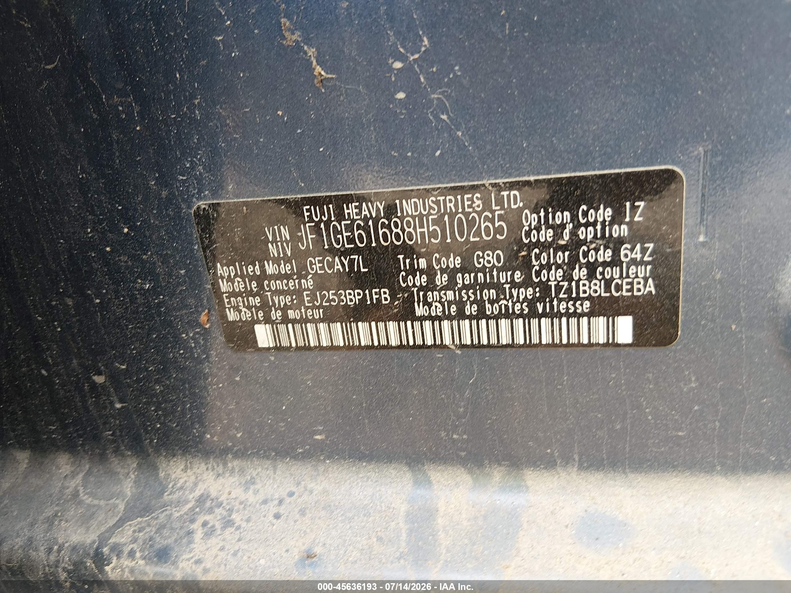 2008 Subaru Impreza  (natl) I W/premium Pkg Blue vin: JF1GE61688H510265