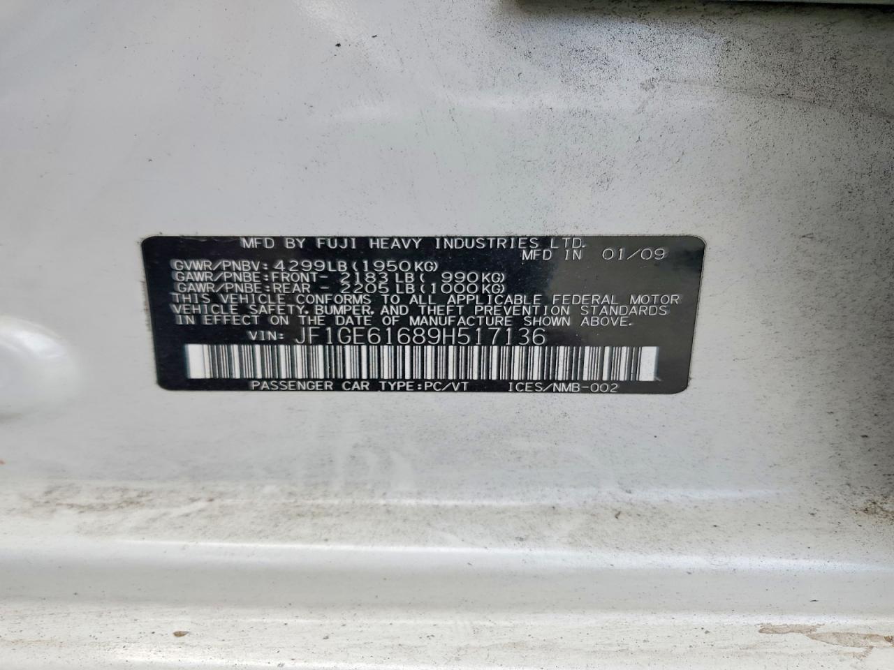 2009 Subaru Impreza 2.5i White vin: JF1GE61689H517136