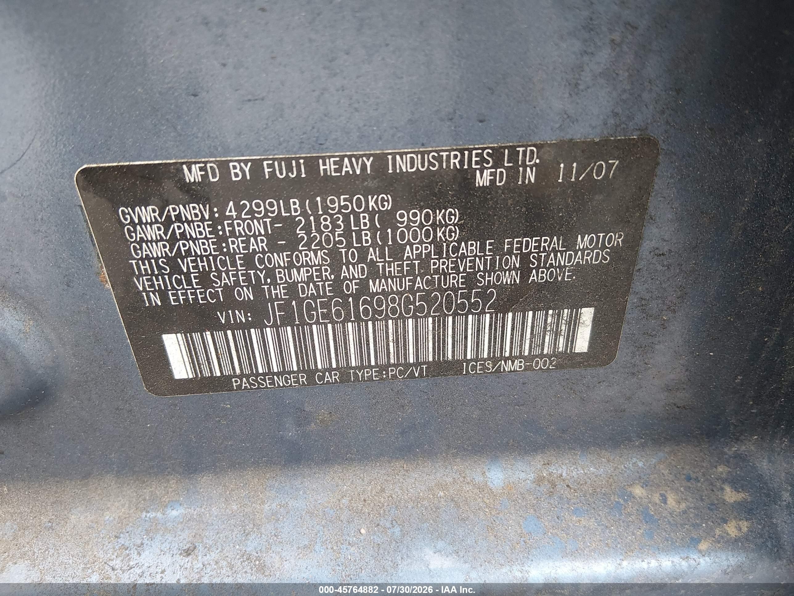 2008 Subaru Impreza 2.5i Blue vin: JF1GE61698G520552