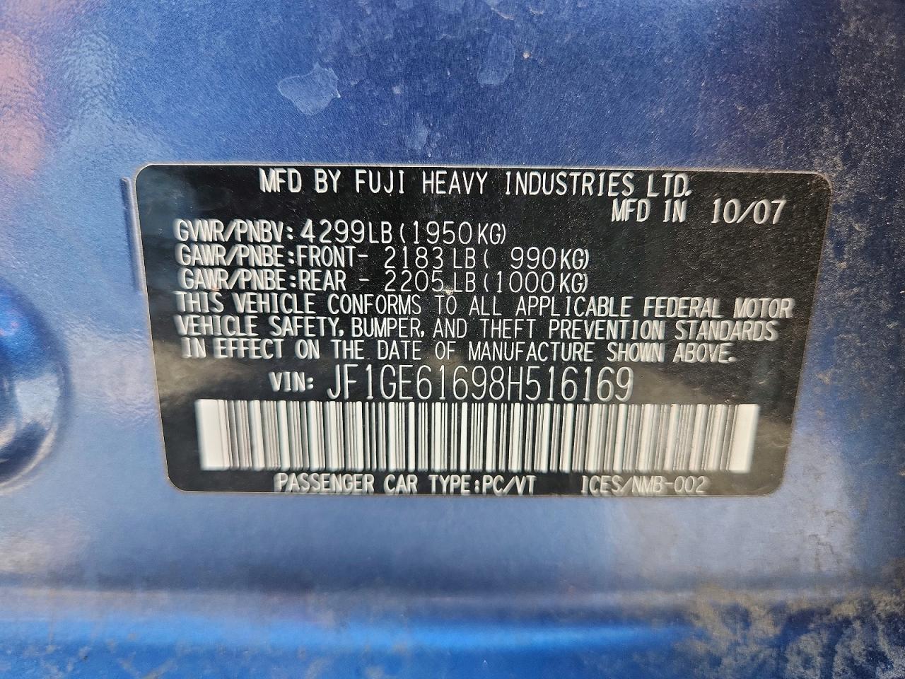 2008 Subaru Impreza 2.5i Blue vin: JF1GE61698H516169