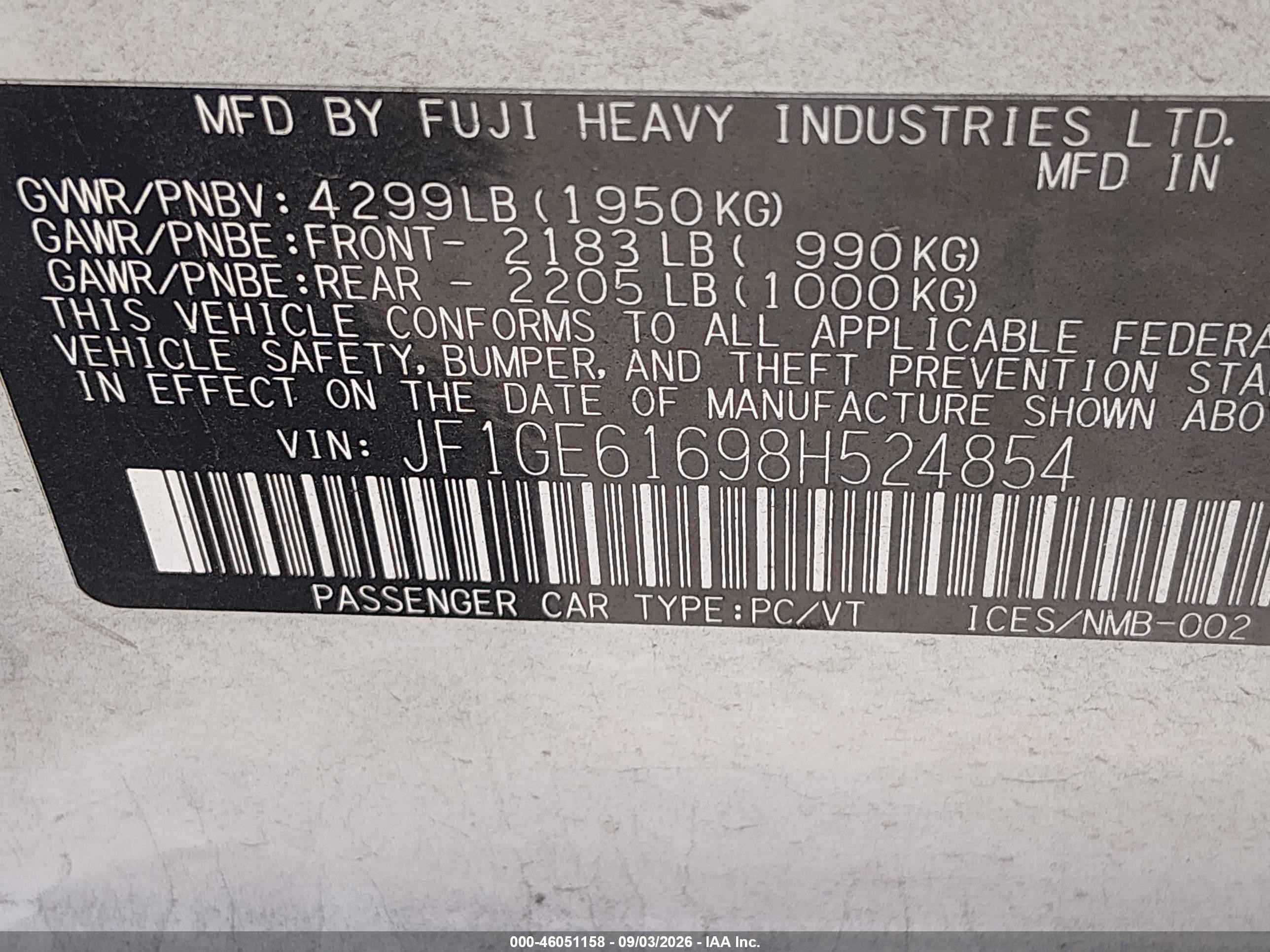2008 Subaru Impreza 2.5i White vin: JF1GE61698H524854