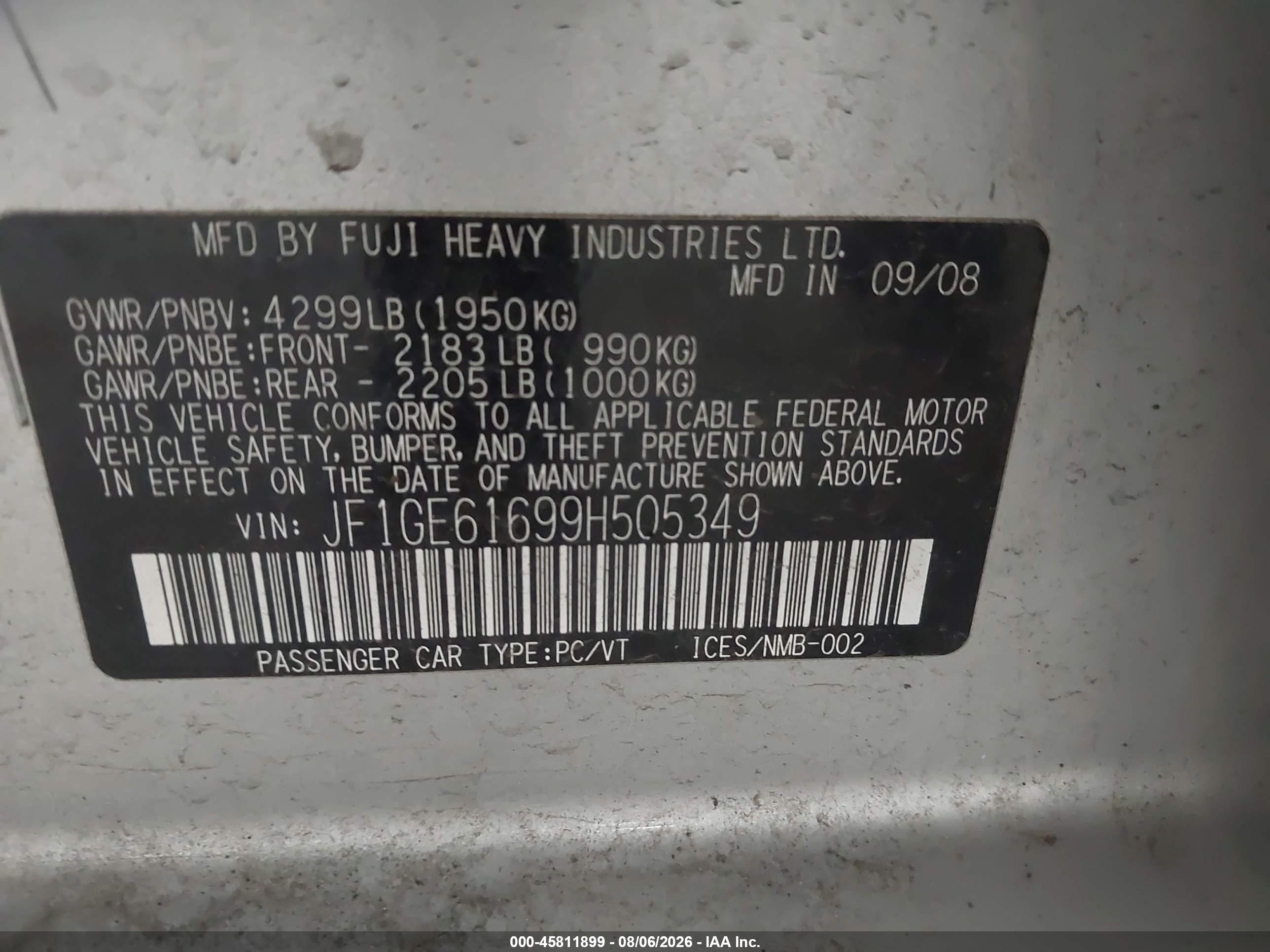 2009 Subaru Impreza 2.5i Silver vin: JF1GE61699H505349