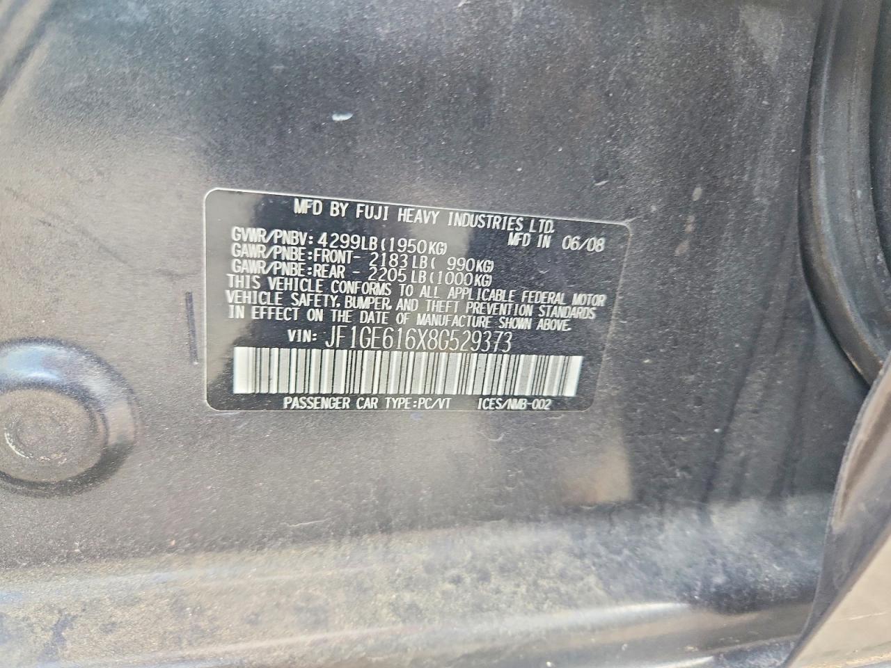 2008 Subaru Impreza 2.5i Угольный vin: JF1GE616X8G529373