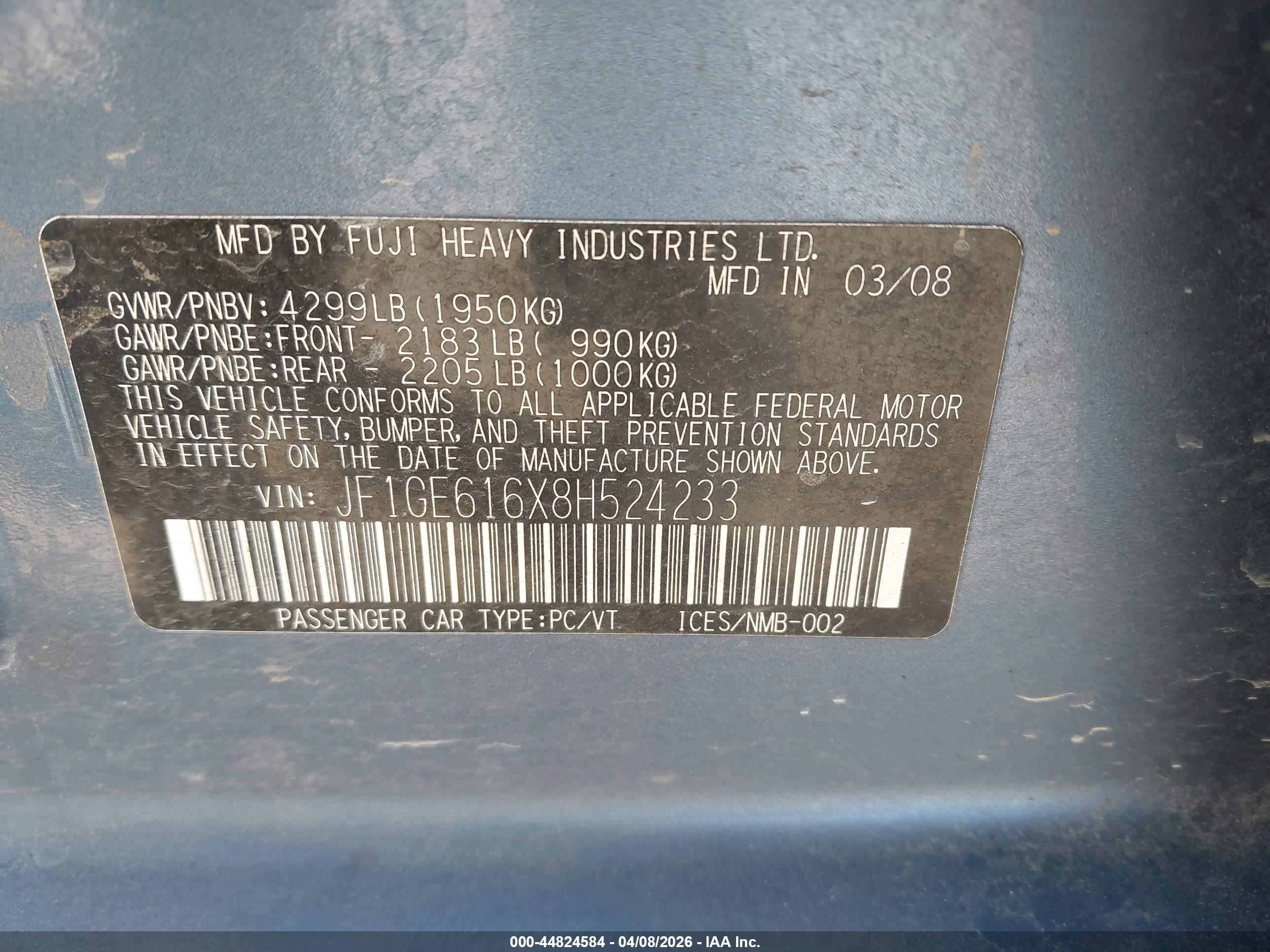 2008 Subaru Impreza 2.5i Blue vin: JF1GE616X8H524233