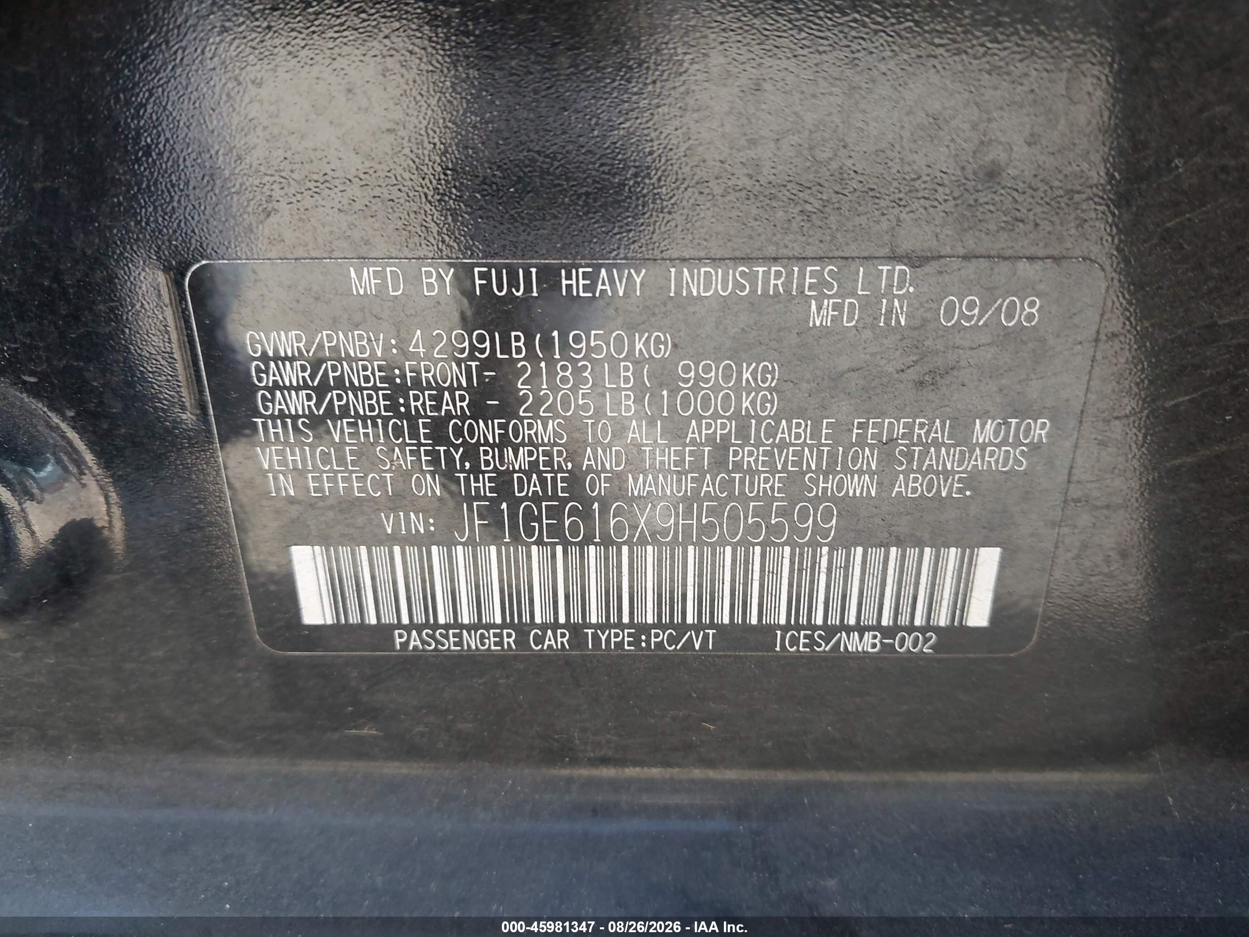 2009 Subaru Impreza 2.5i Black vin: JF1GE616X9H505599