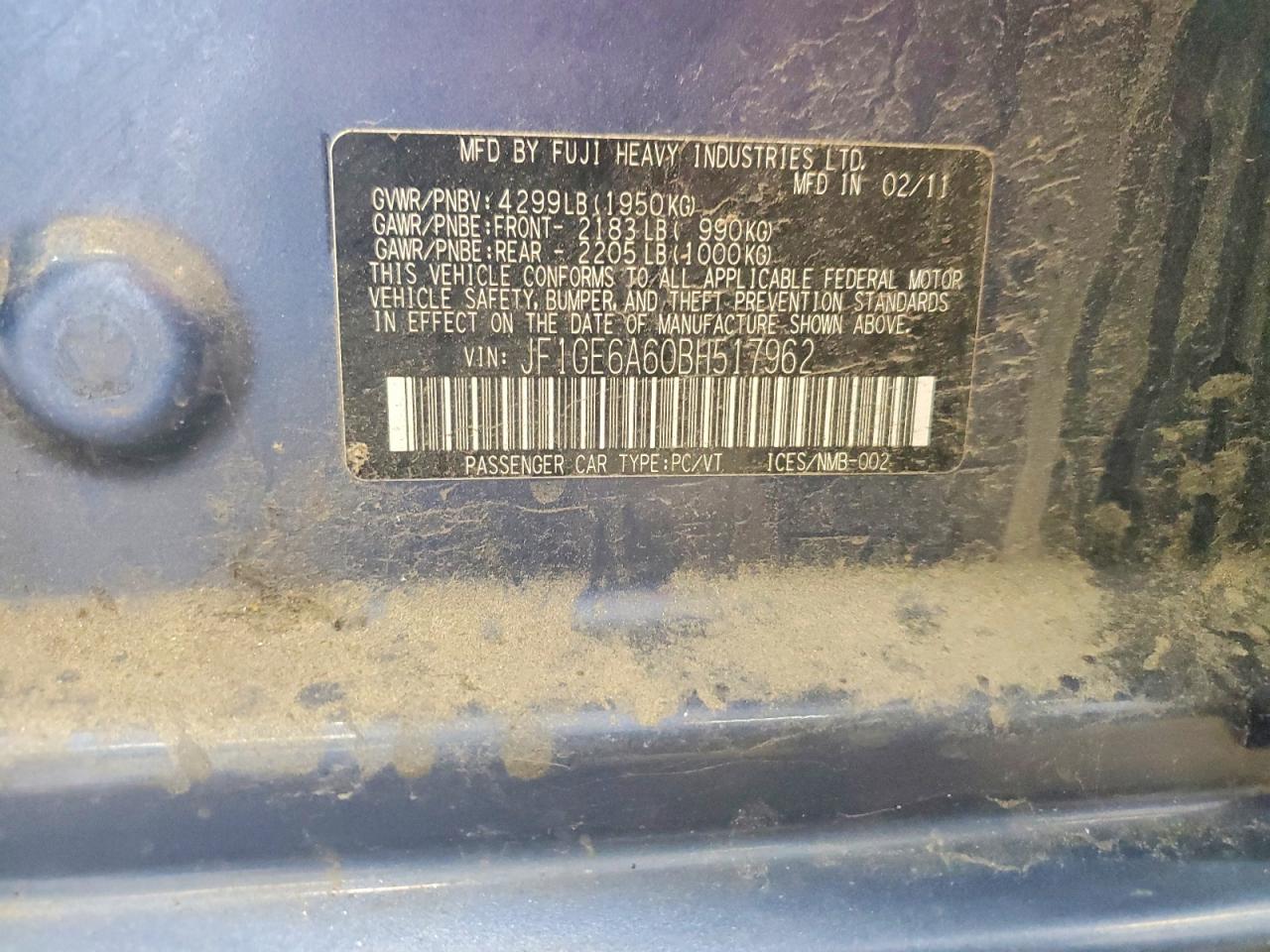 2011 Subaru Impreza 2.5i Blue vin: JF1GE6A60BH517962