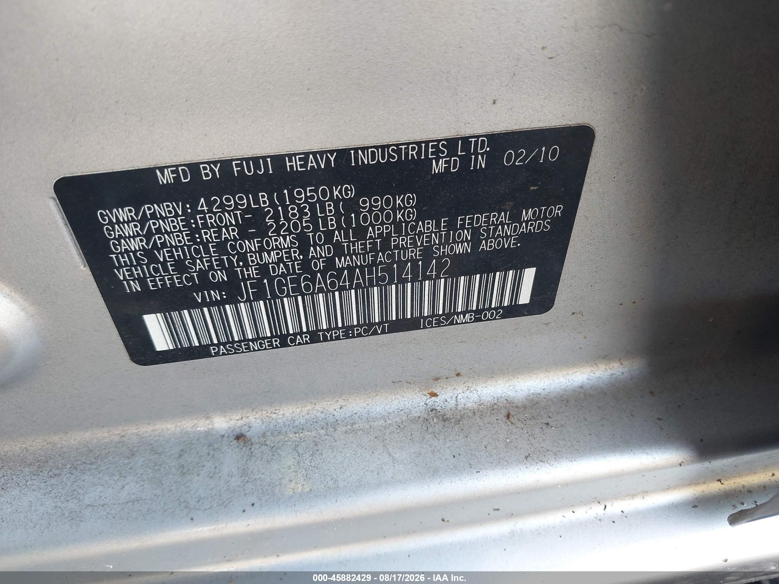 2010 Subaru Impreza 2.5i Silver vin: JF1GE6A64AH514142