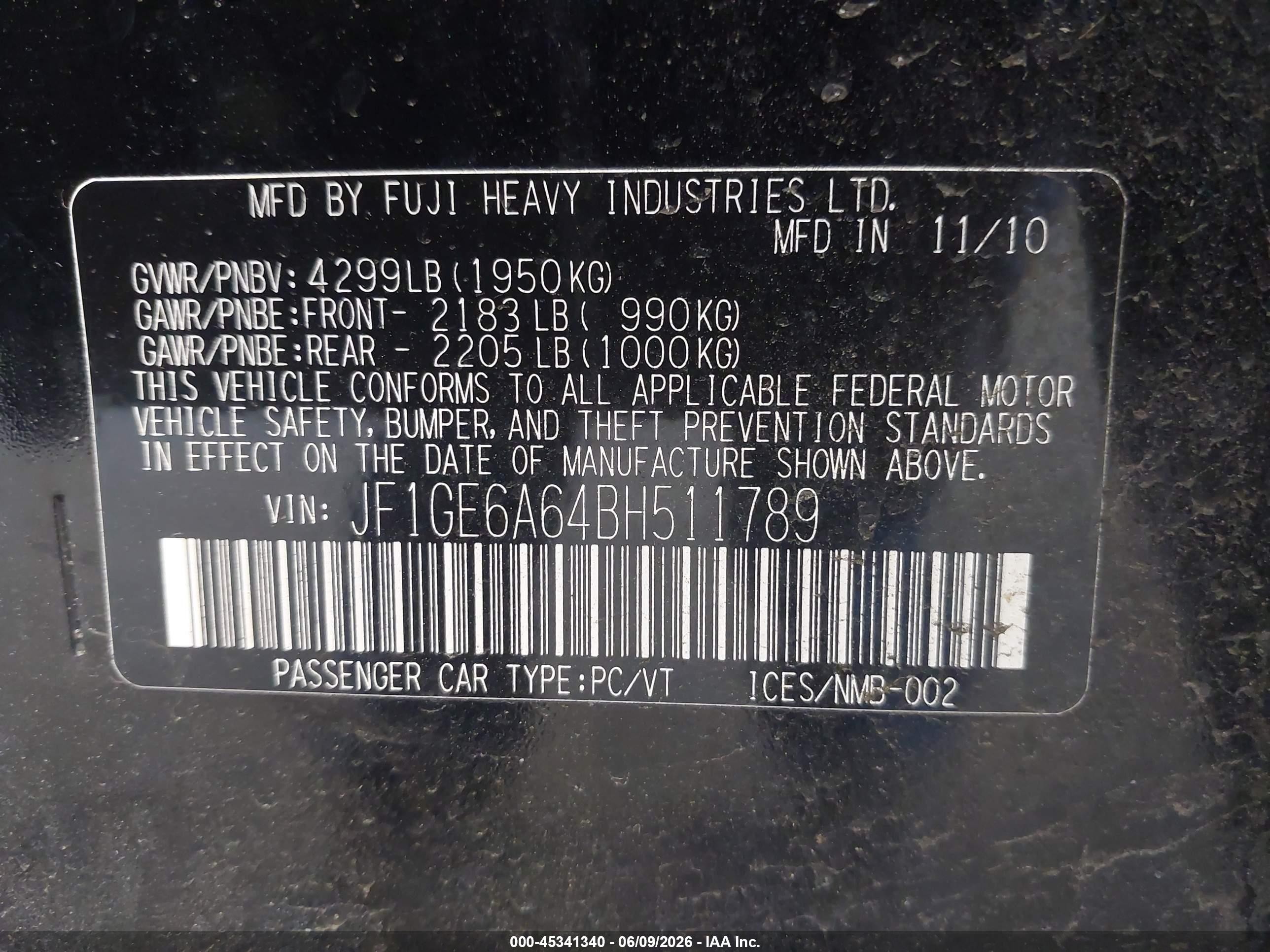 2011 Subaru Impreza 2.5i Black vin: JF1GE6A64BH511789