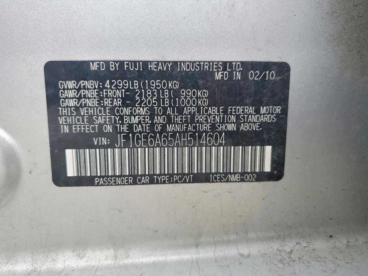 2010 Subaru Impreza 2.5i Серебряный vin: JF1GE6A65AH514604