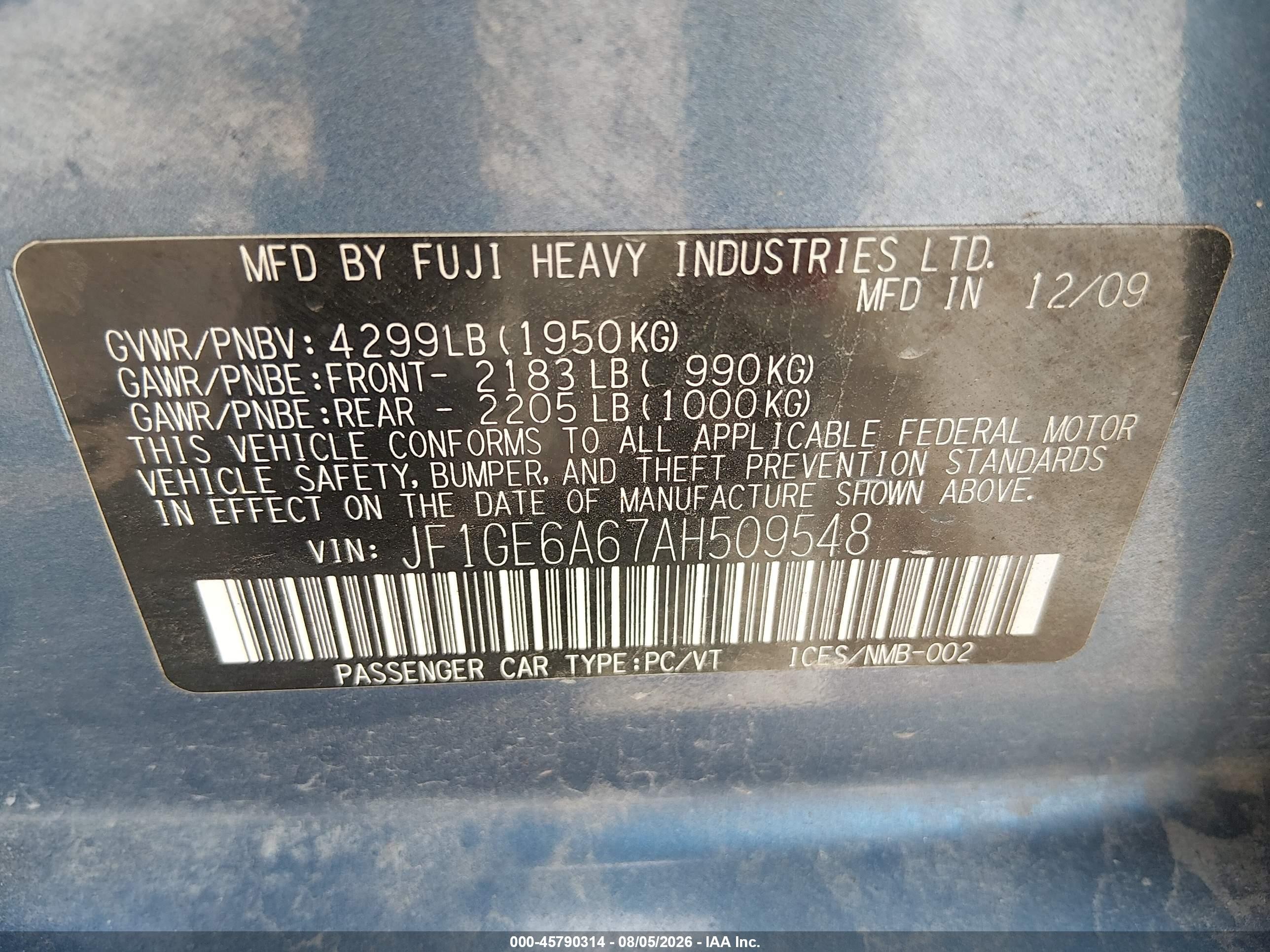 2010 Subaru Impreza 2.5i Light Blue vin: JF1GE6A67AH509548
