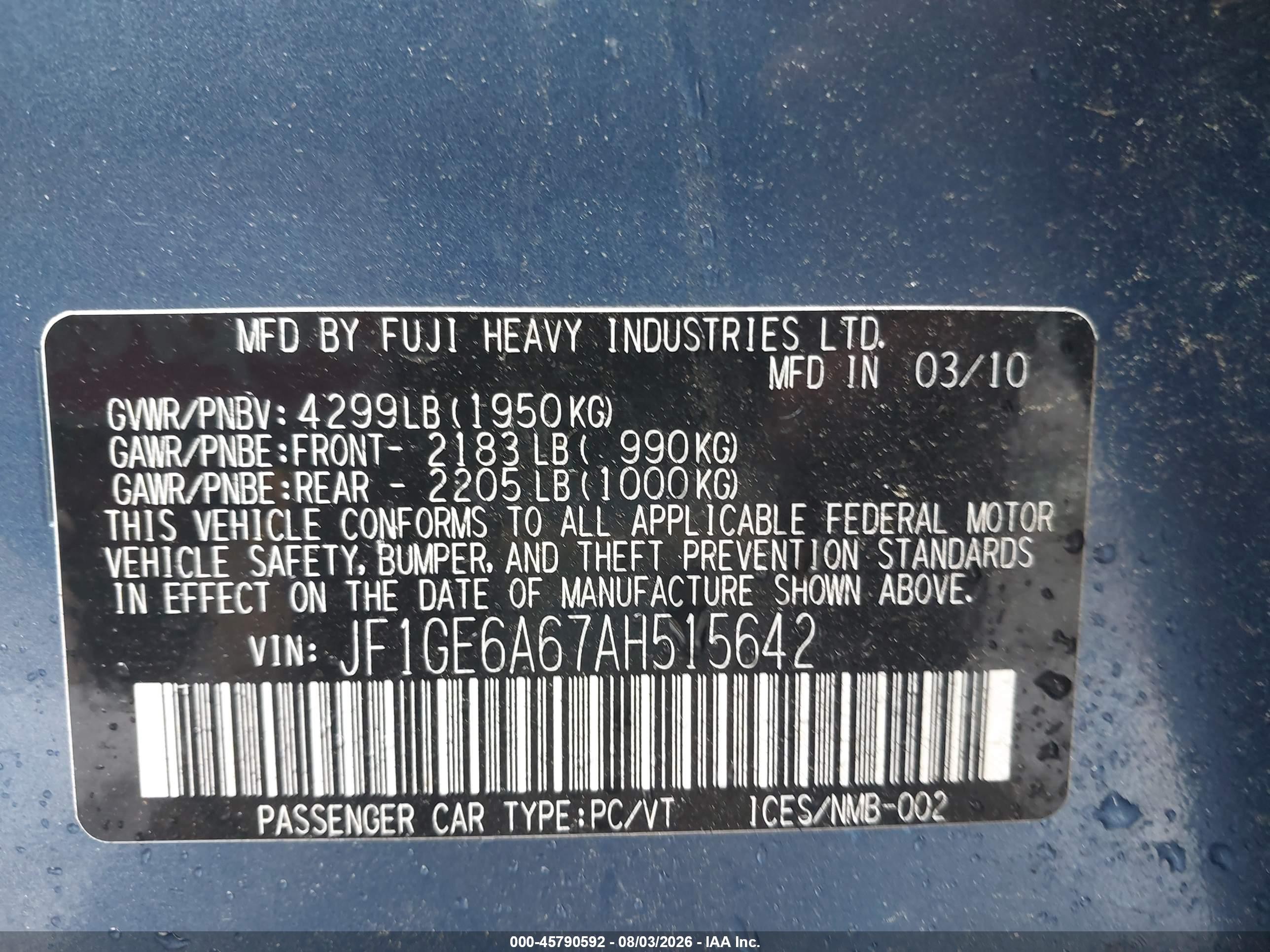 2010 Subaru Impreza 2.5i Blue vin: JF1GE6A67AH515642