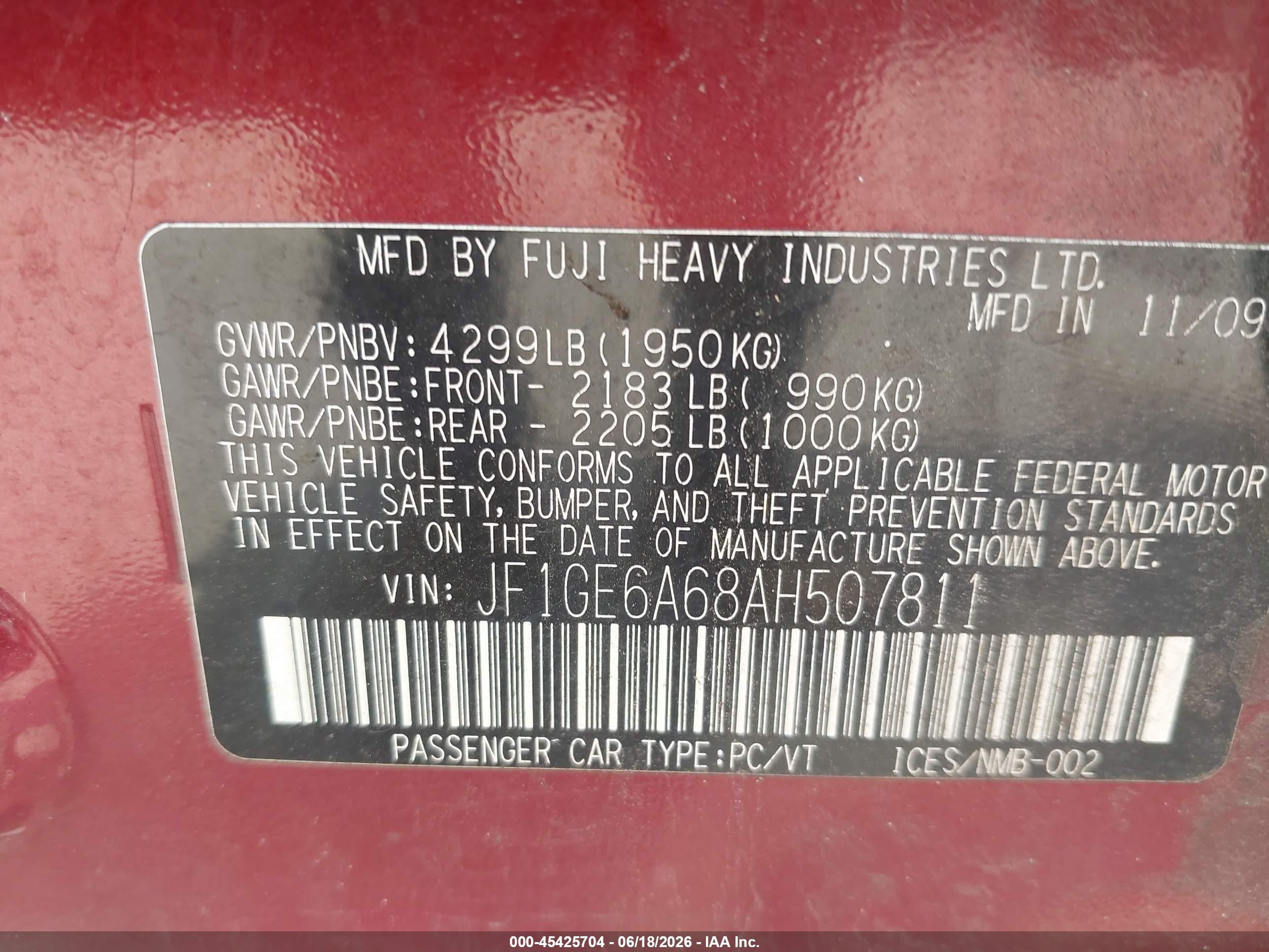 2010 Subaru Impreza 2.5i Maroon vin: JF1GE6A68AH507811