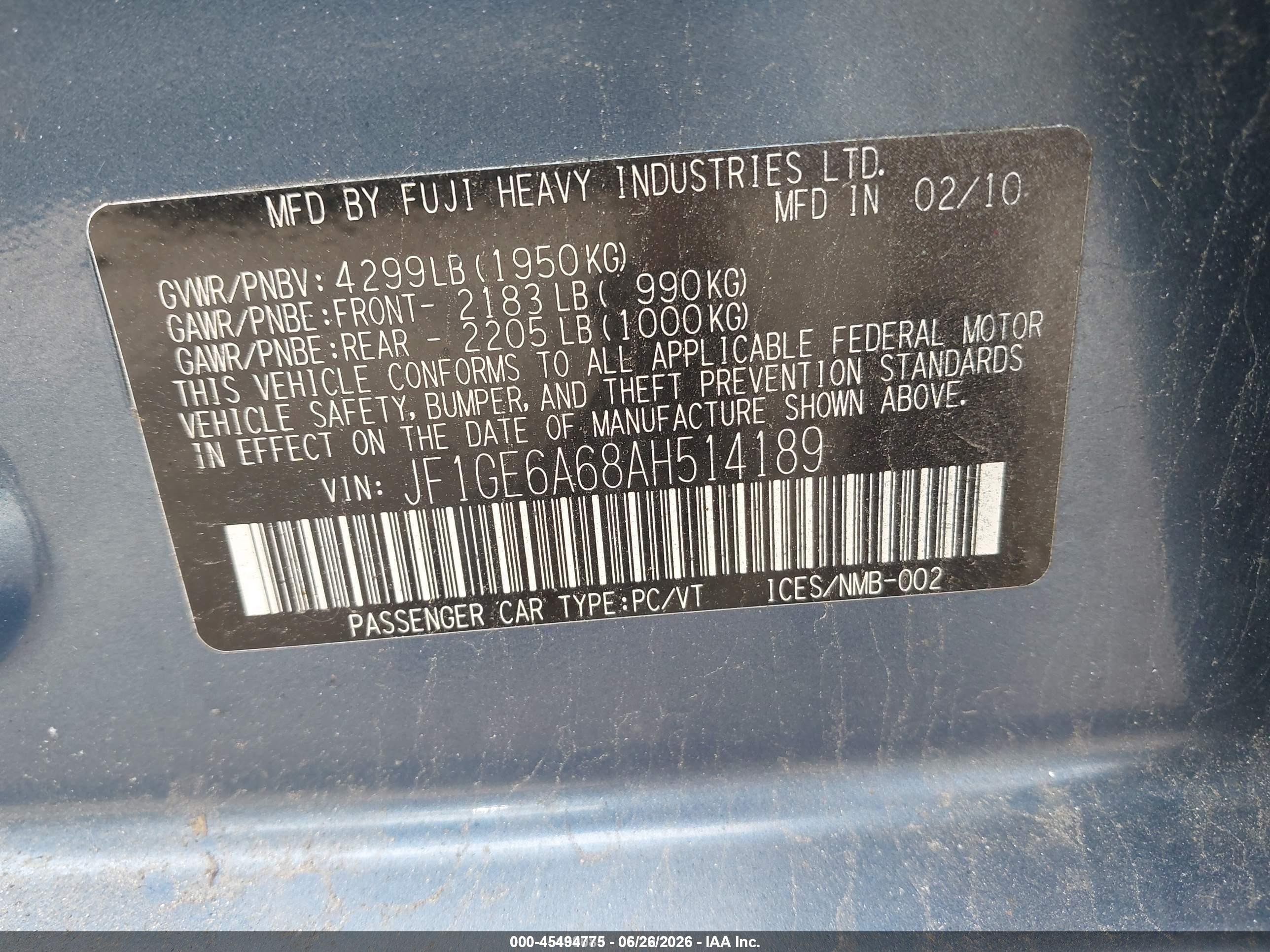 2010 Subaru Impreza 2.5i Blue vin: JF1GE6A68AH514189