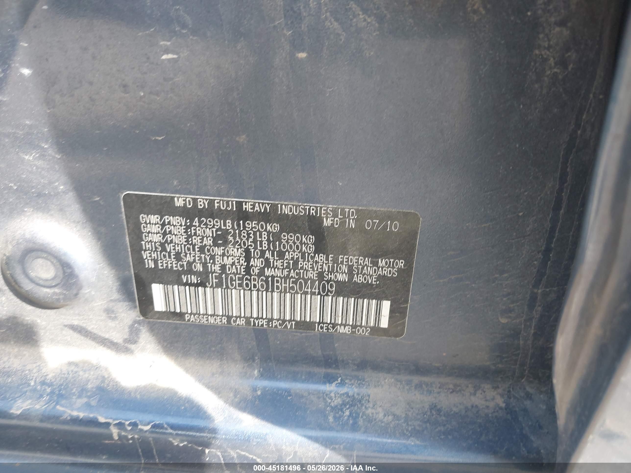 2011 Subaru Impreza 2.5i Premium Blue vin: JF1GE6B61BH504409