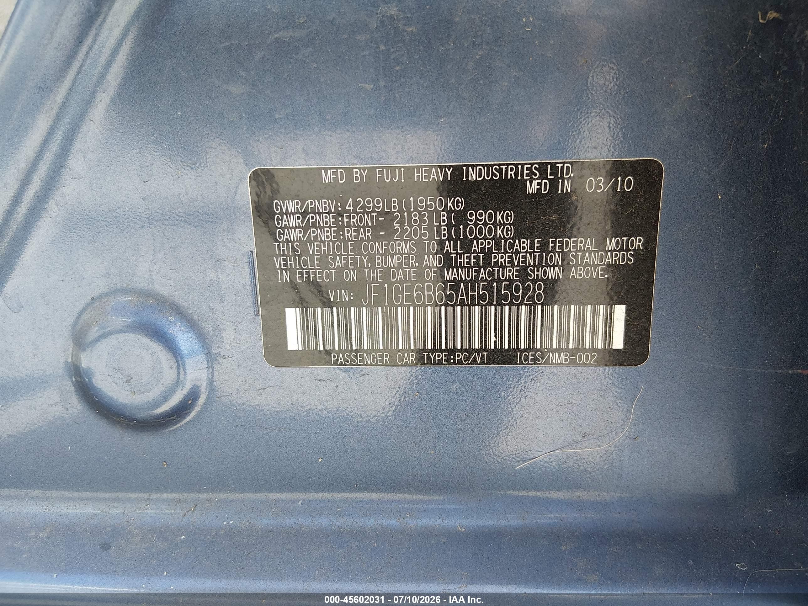 2010 Subaru Impreza 2.5i Premium Синий vin: JF1GE6B65AH515928