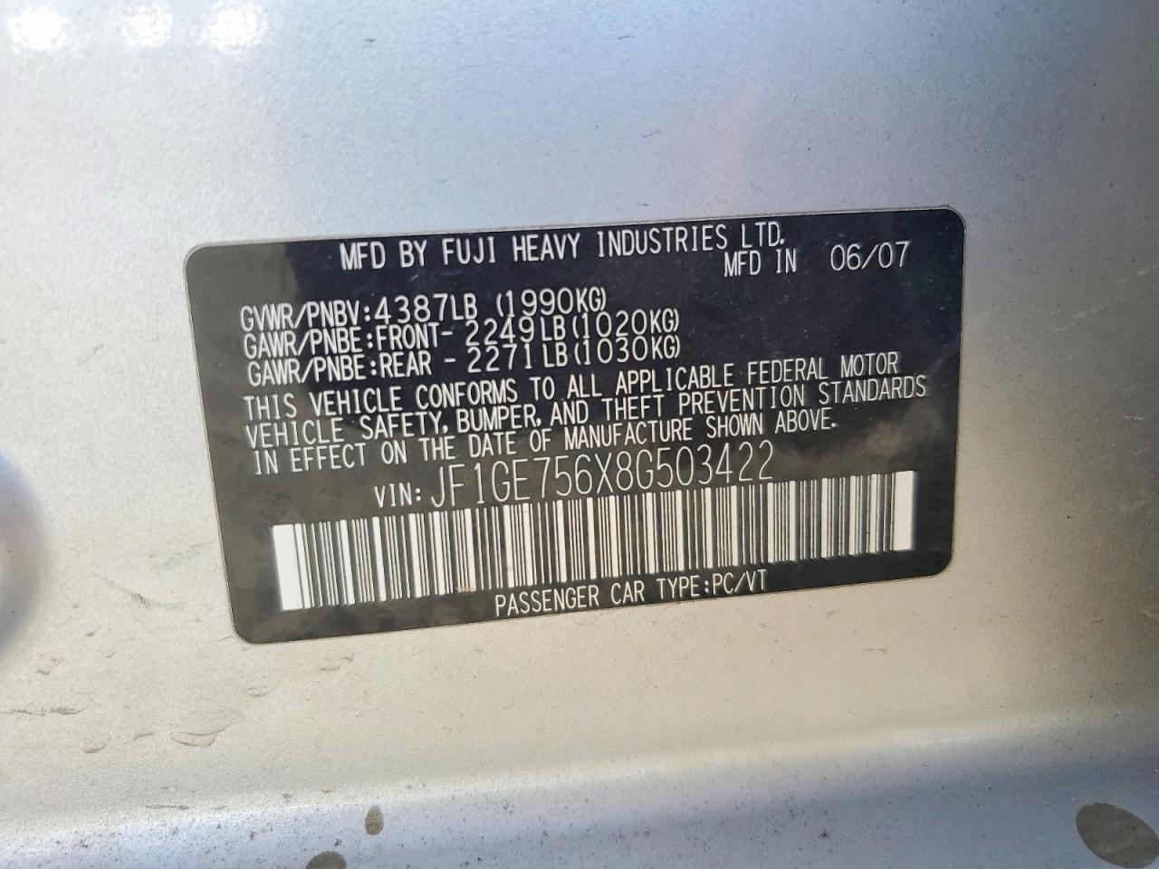 2008 Subaru Impreza Wrx Premium Silver vin: JF1GE756X8G503422