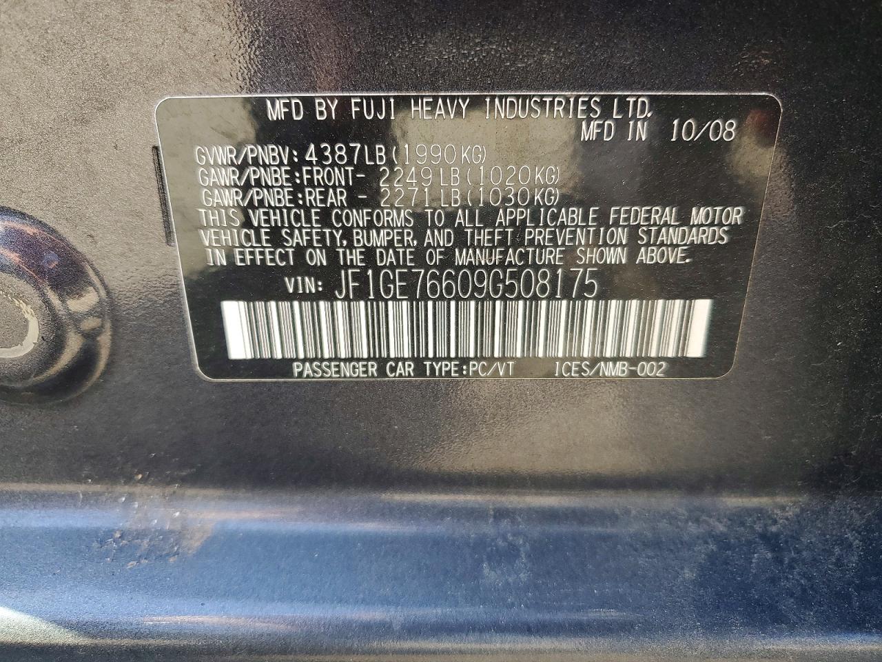 2009 Subaru Impreza 4d 4wd Black vin: JF1GE76609G508175