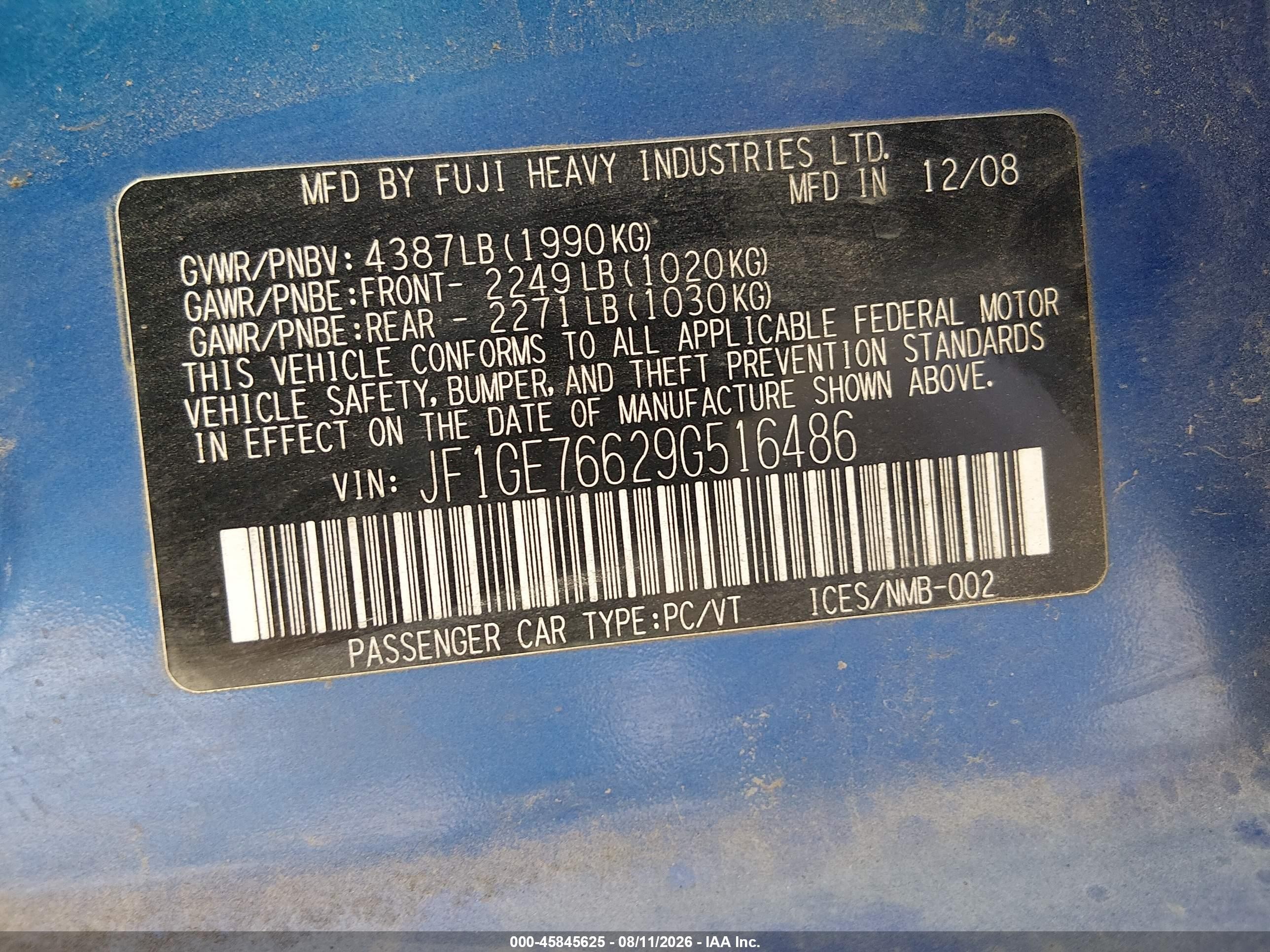 2009 Subaru Impreza Wrx Blue vin: JF1GE76629G516486